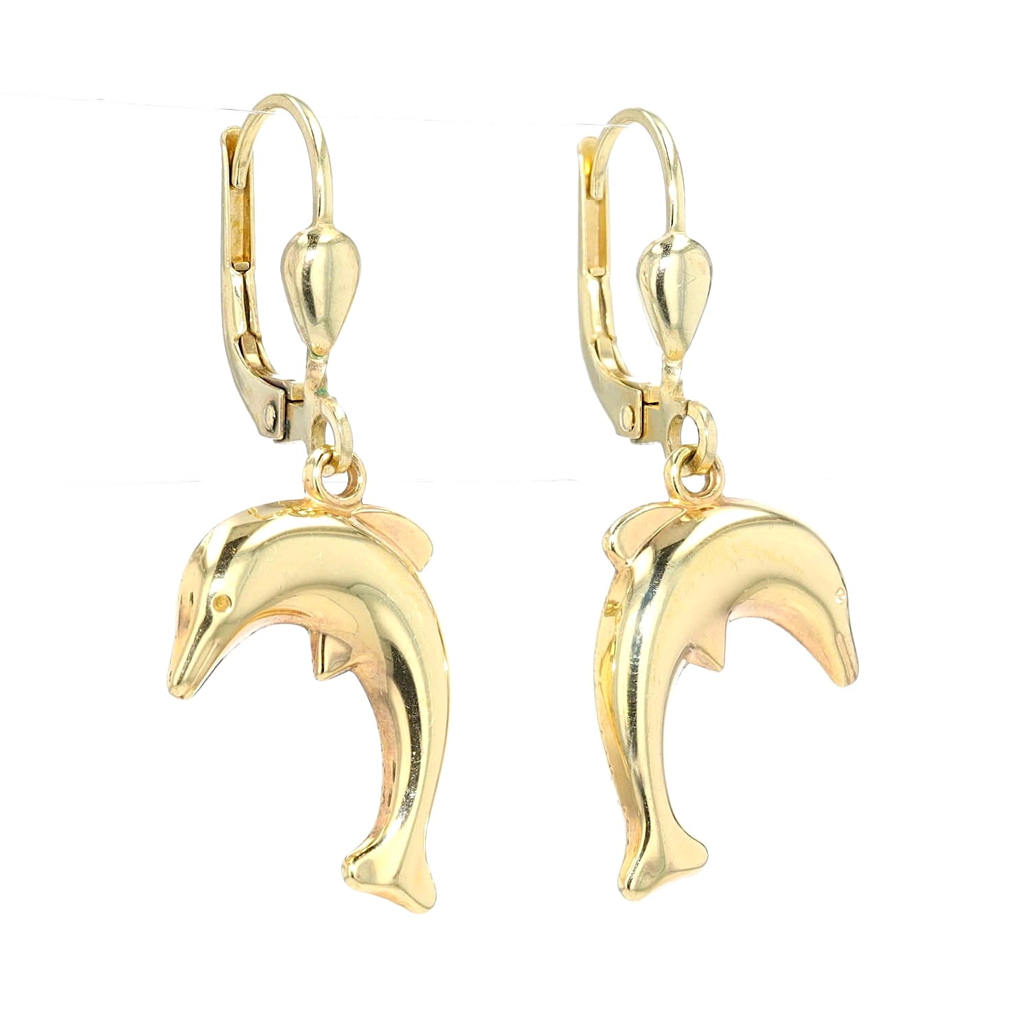 Earrings in 333 yellow gold with dolphins as pendants, hanging turned to the right