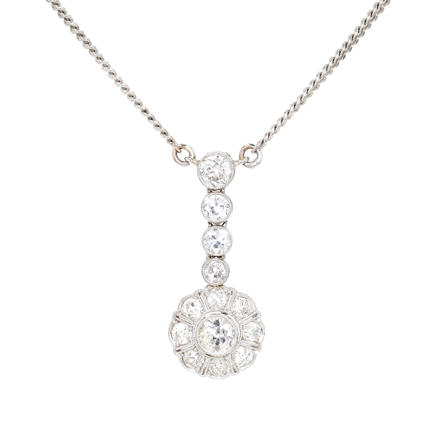 Art Deco and vintage necklace in 585 white gold with approx. 1.4 ct diamonds, hanging frontally