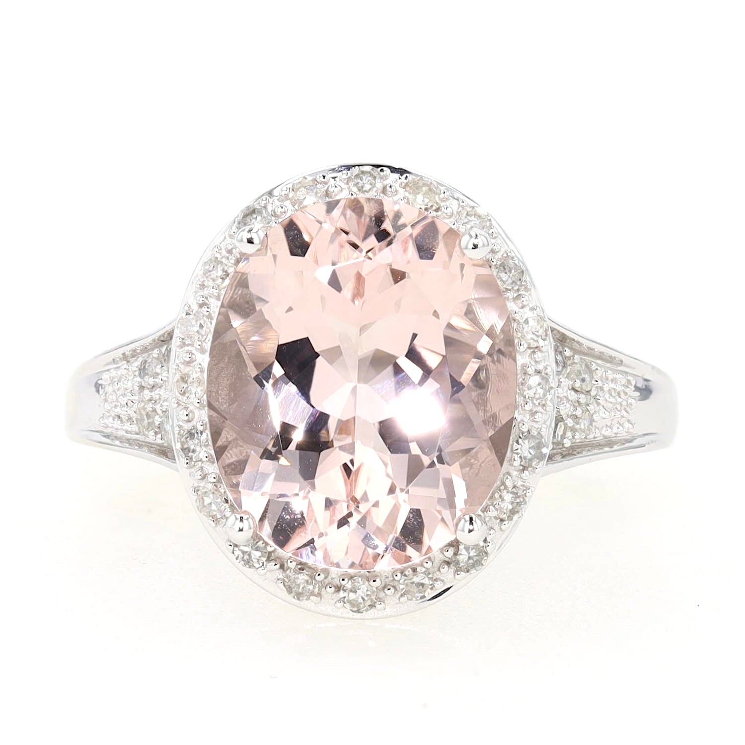 Ring in 585 white gold with a morganite and diamonds, lying frontally