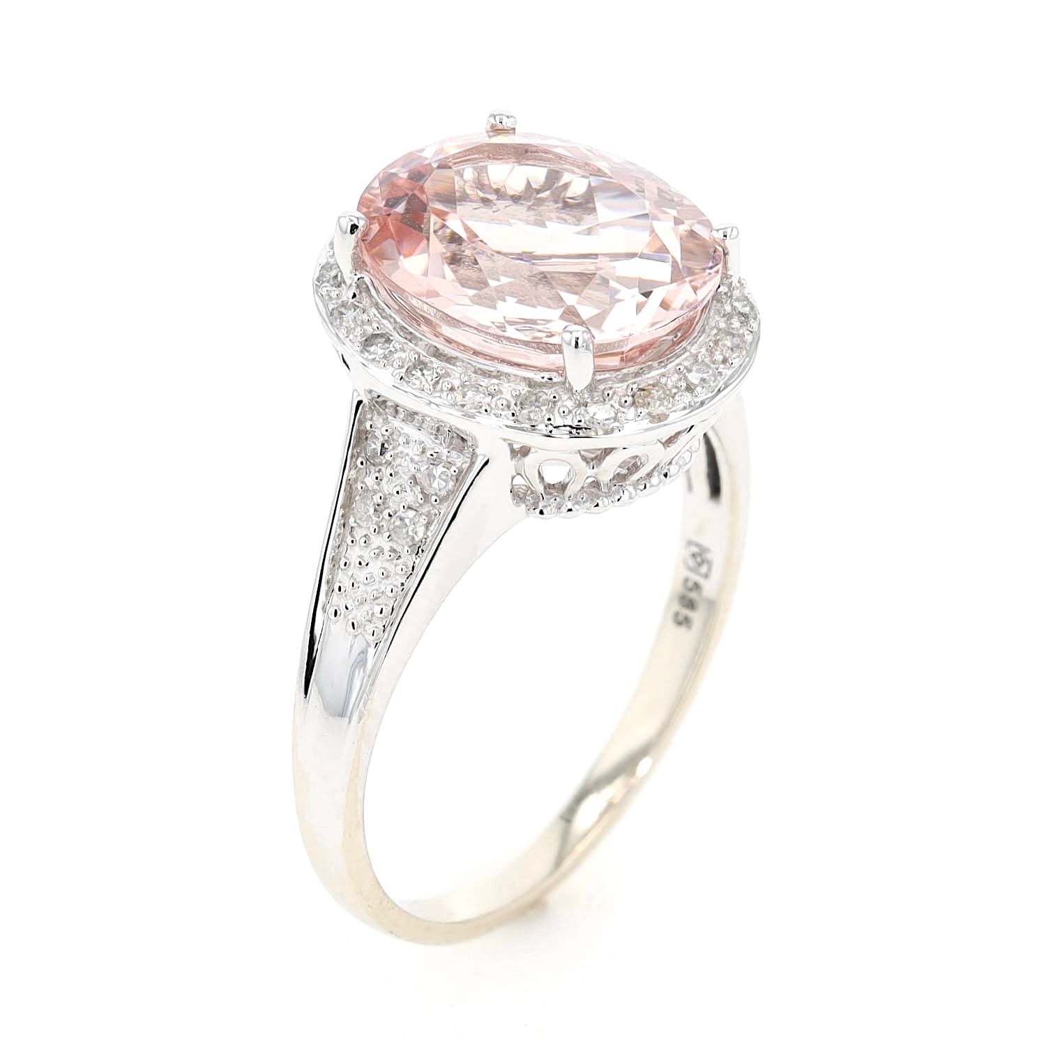 Ring in 585 white gold with a morganite and diamonds, standing