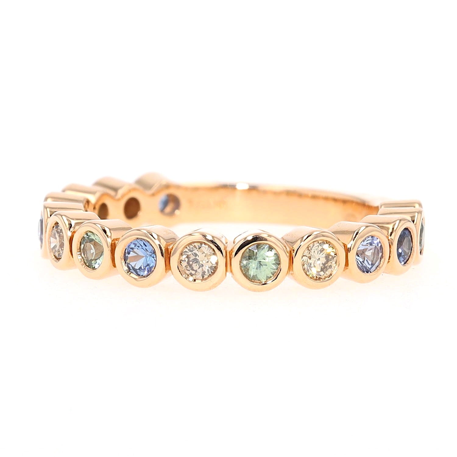 Bron Confetti ring in 750 rose gold with colorful sapphires and brilliants, turned horizontally to the left