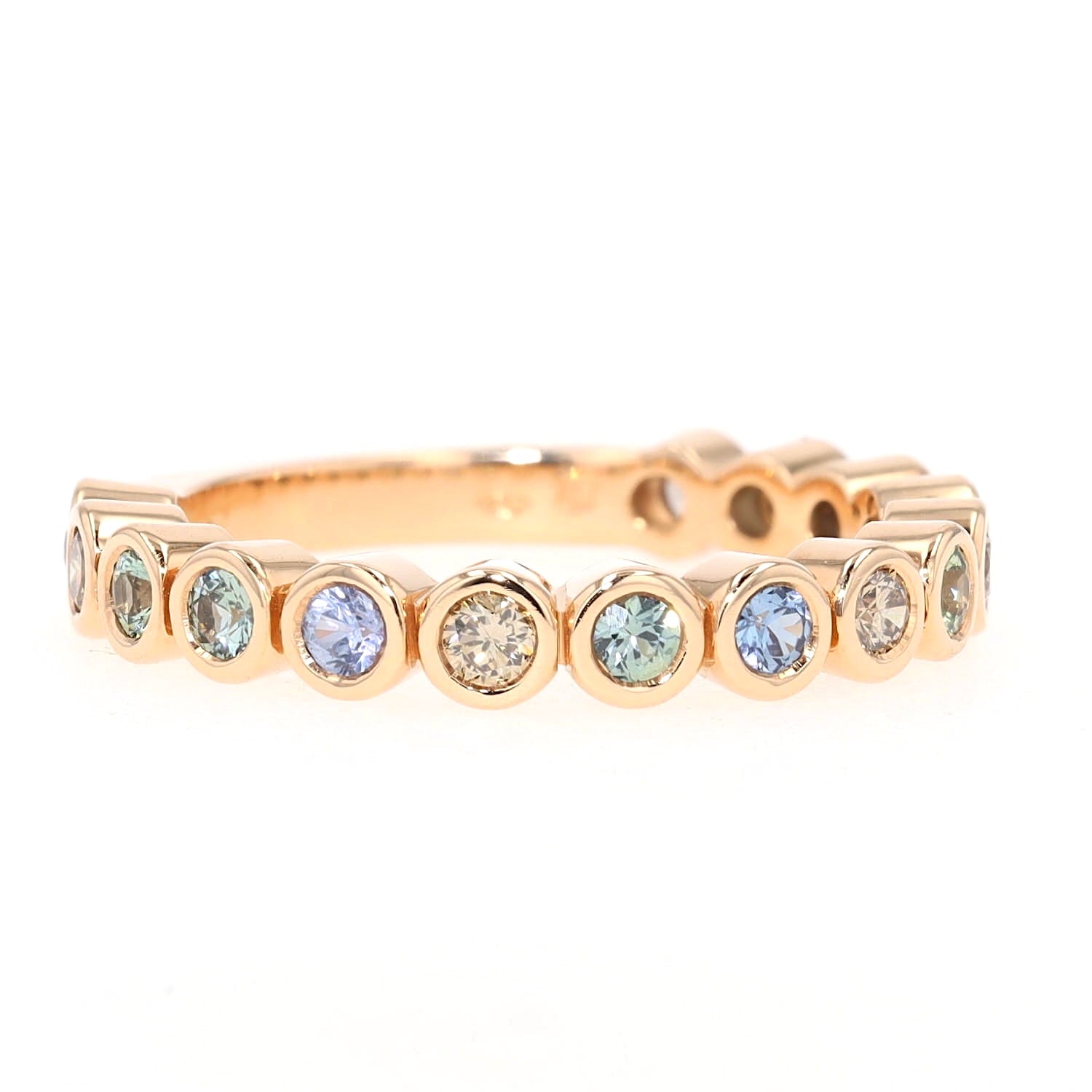 Bron Confetti ring in 750 rose gold with colorful sapphires and brilliants, turned horizontally to the right