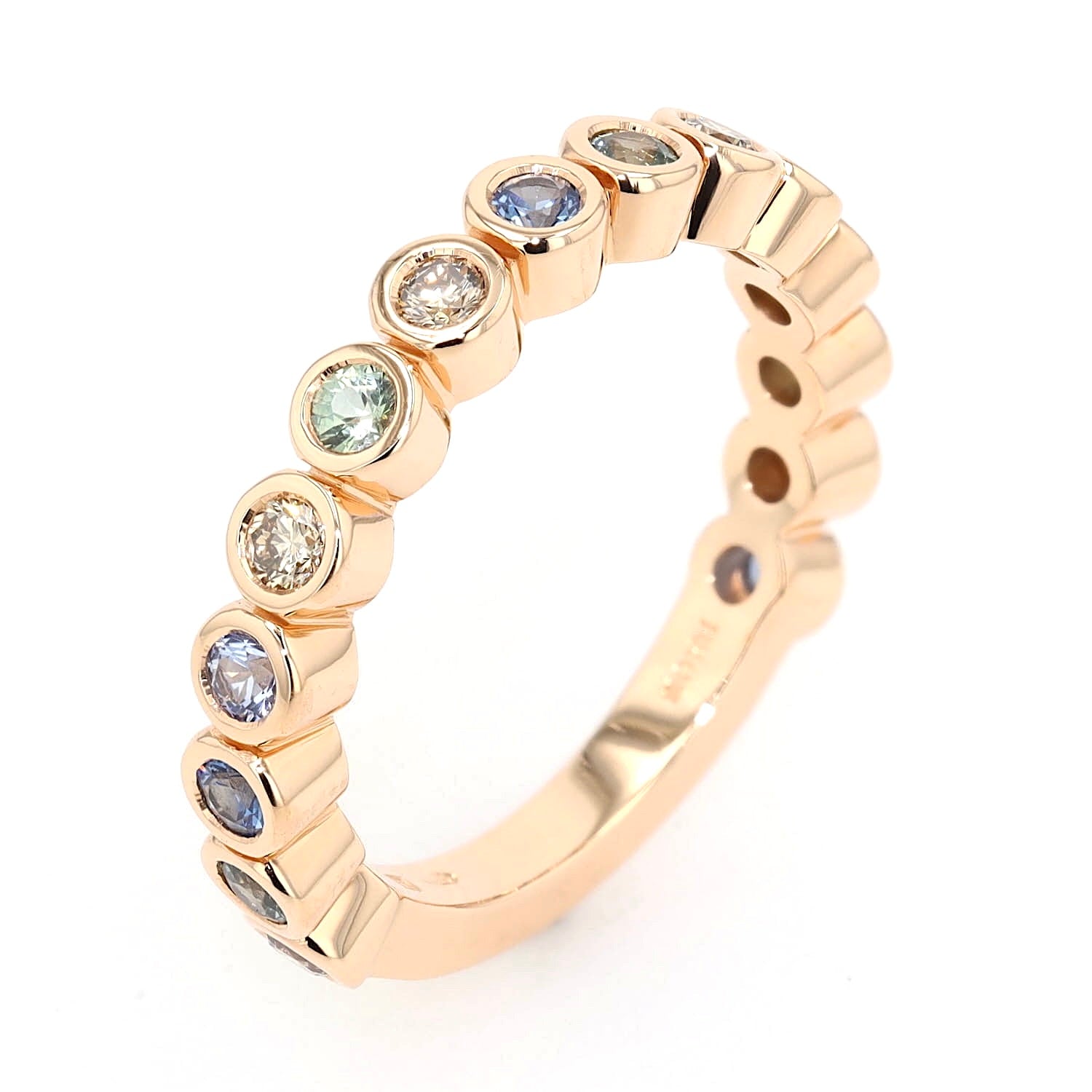 Bron Confetti ring in 750 rose gold with colorful sapphires and brilliants, turned horizontally to the right