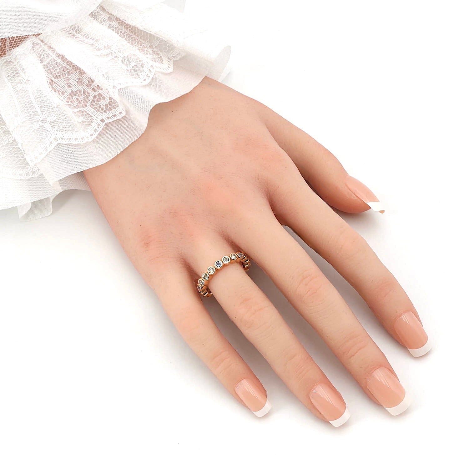 Bron Confetti ring in 750 rose gold with colorful sapphires and brilliants, turned horizontally to the right