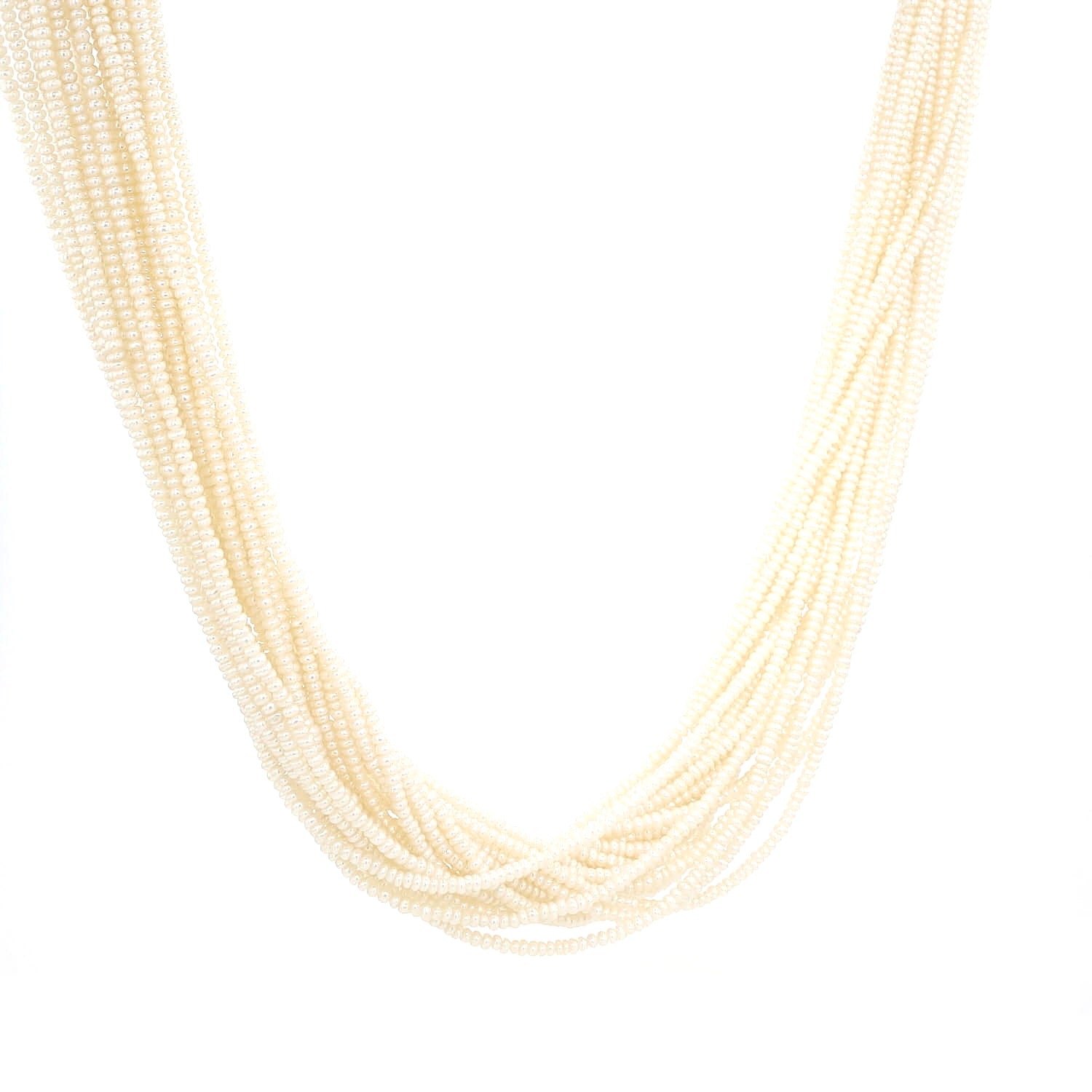 Necklace with a total of 22 rows of small cultured pearls and a lock in 750 white gold, hanging frontally