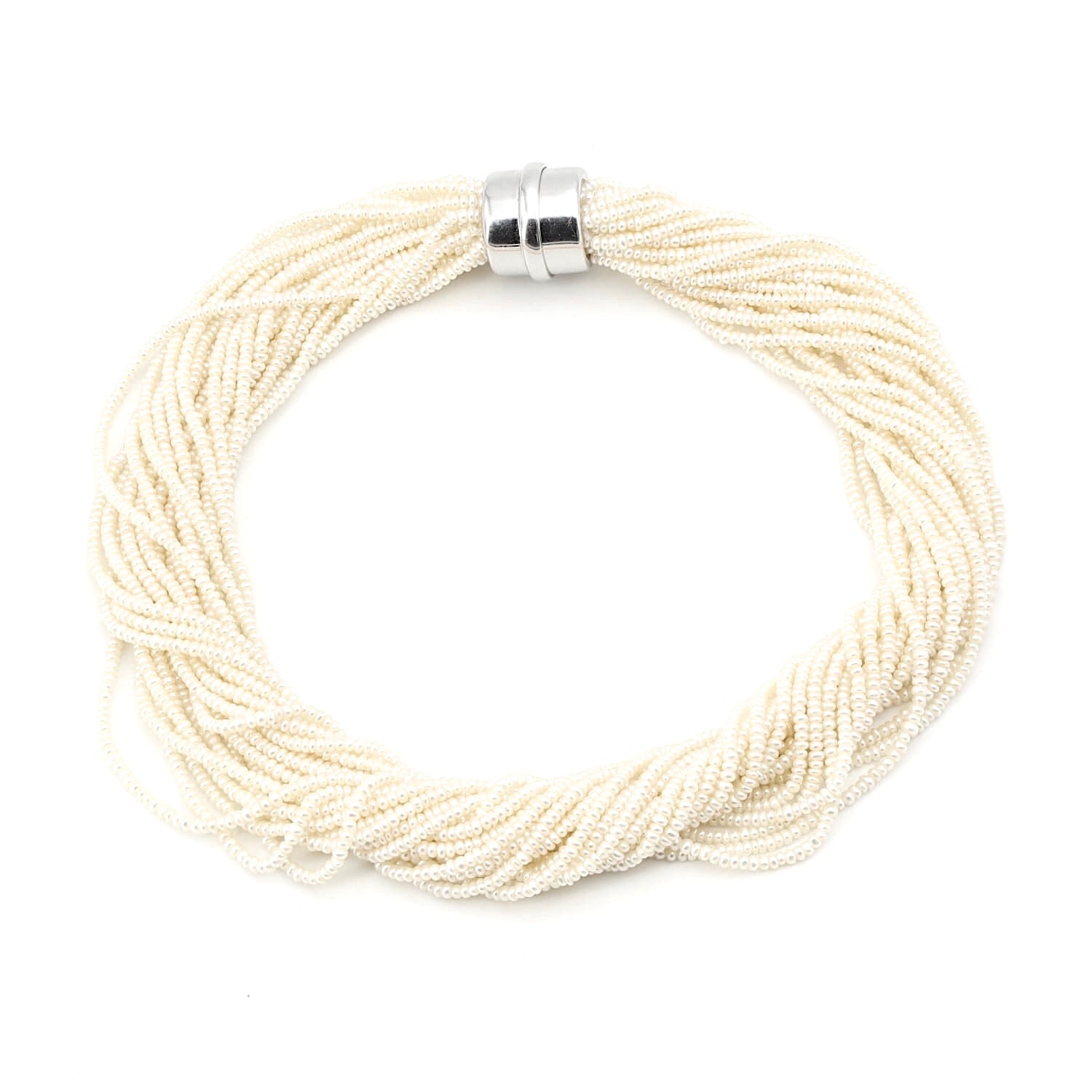 Necklace with a total of 22 rows of small cultured pearls and a lock in 750 white gold, horizontal top view