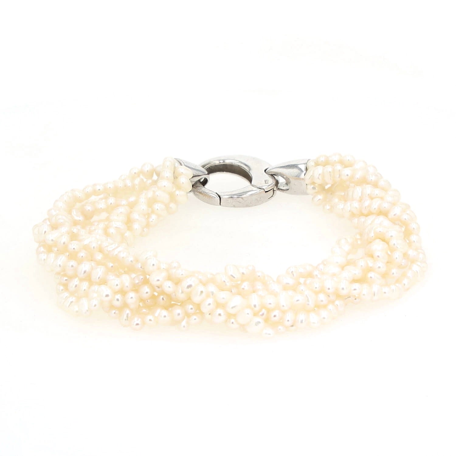 Bracelet with 8 intertwined rows of cultured pearls and a silver lock, horizontal lock at the center back