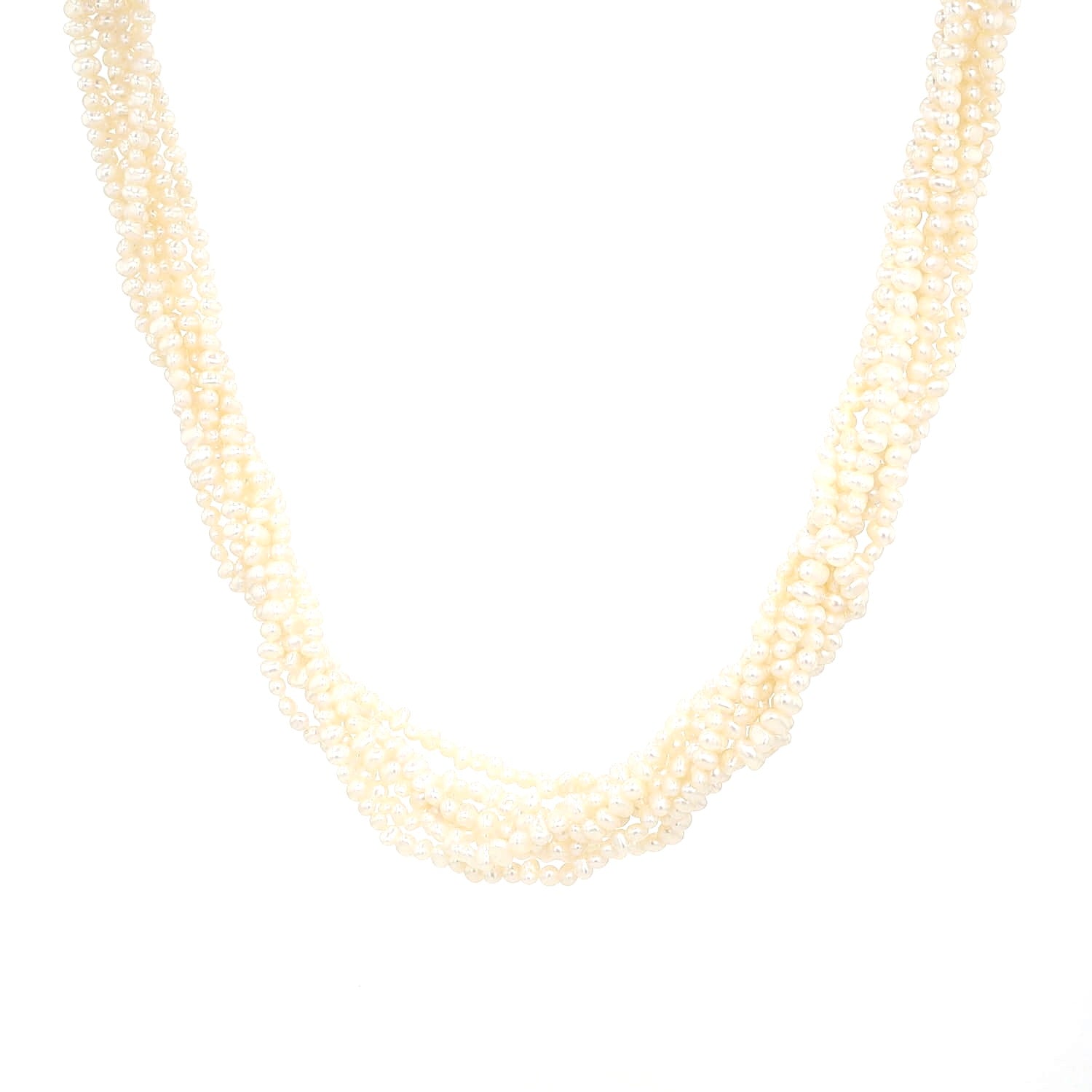 Necklace with 8 intertwined rows of cultured pearls and a silver lock, hanging frontally