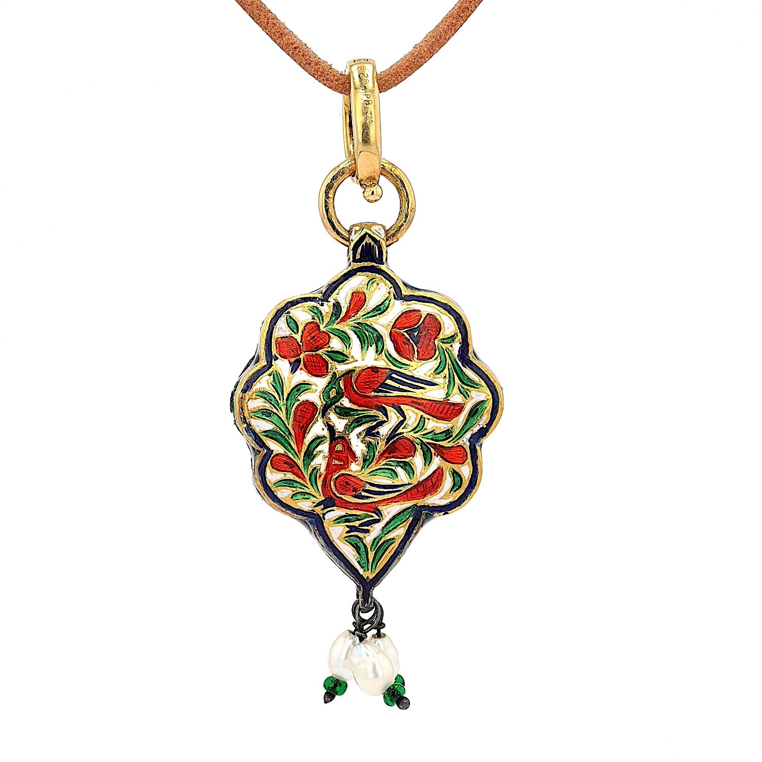 Mughal-style pendant in 20 ct / 750 yellow gold with diamonds and enamel, hanging frontally