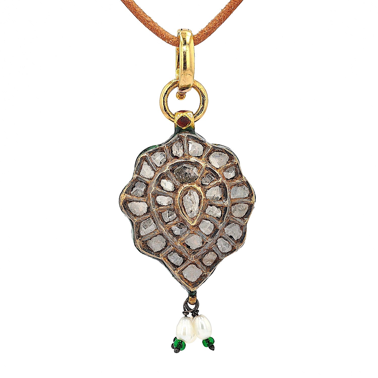 Mughal-style pendant in 20 ct / 750 yellow gold with diamonds and enamel, hanging back