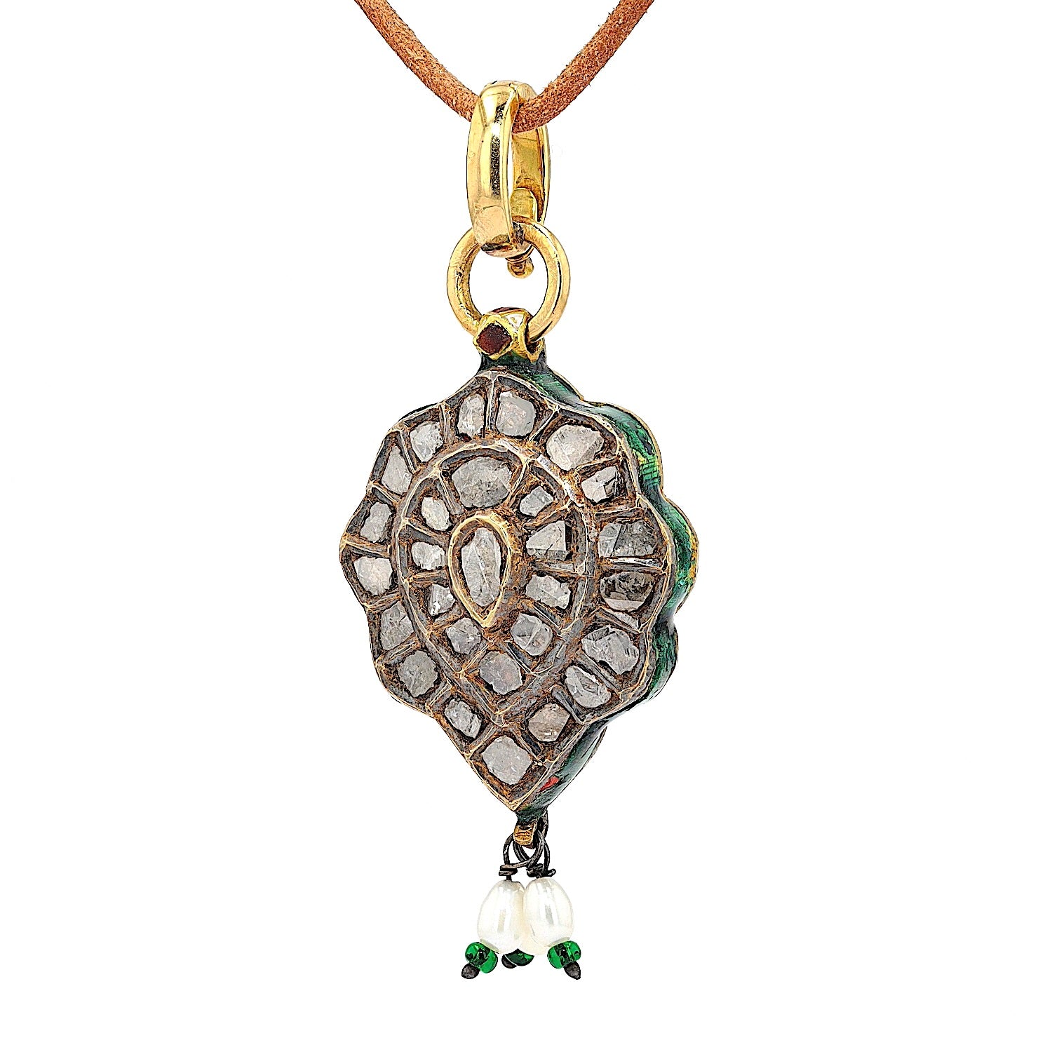 Mughal-style pendant in 20 ct / 750 yellow gold with diamonds and enamel, hanging, turned left