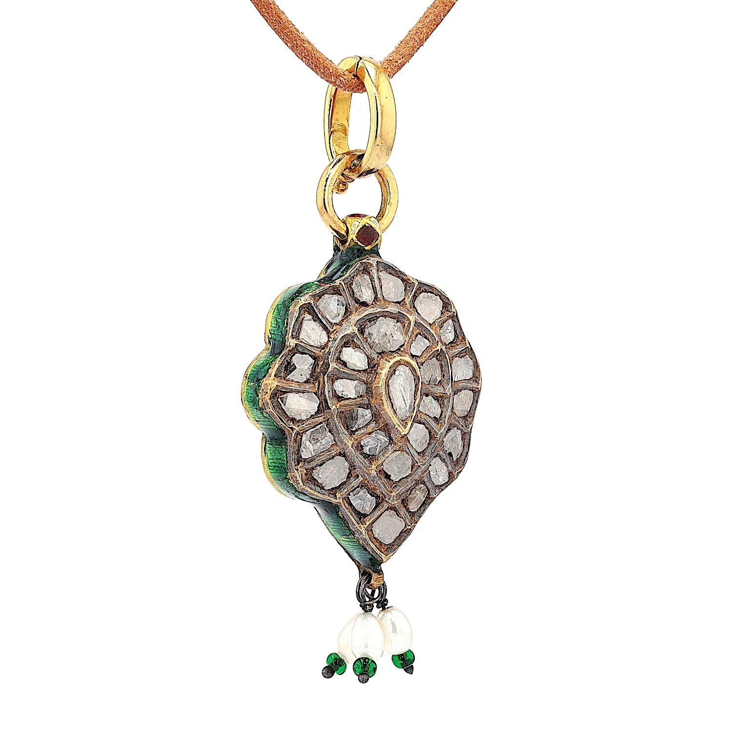 Mughal-style pendant in 20 ct / 750 yellow gold with diamonds and enamel, hanging turned right