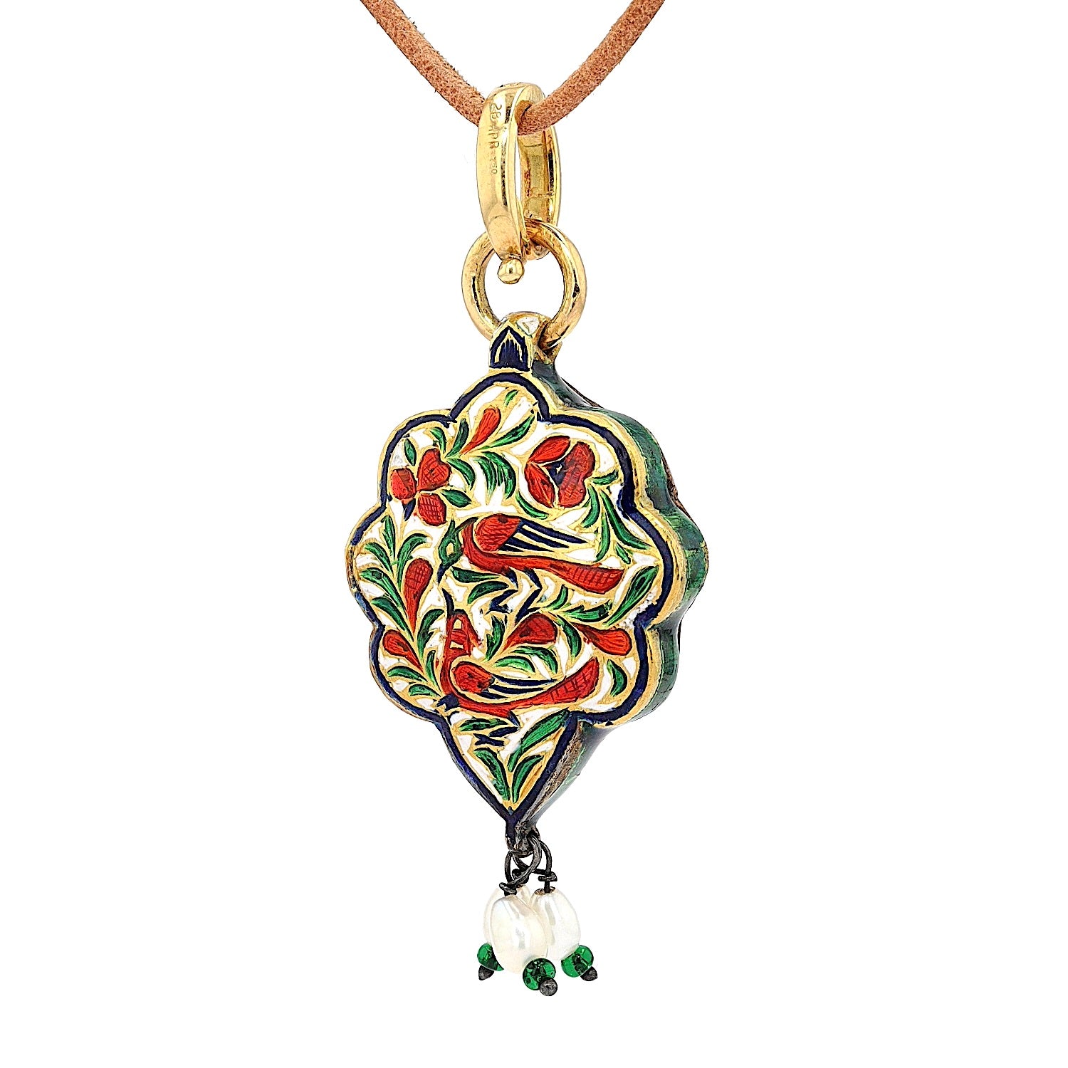 Mughal-style pendant in 20 ct / 750 yellow gold with diamonds and enamel, hanging frontal close-up