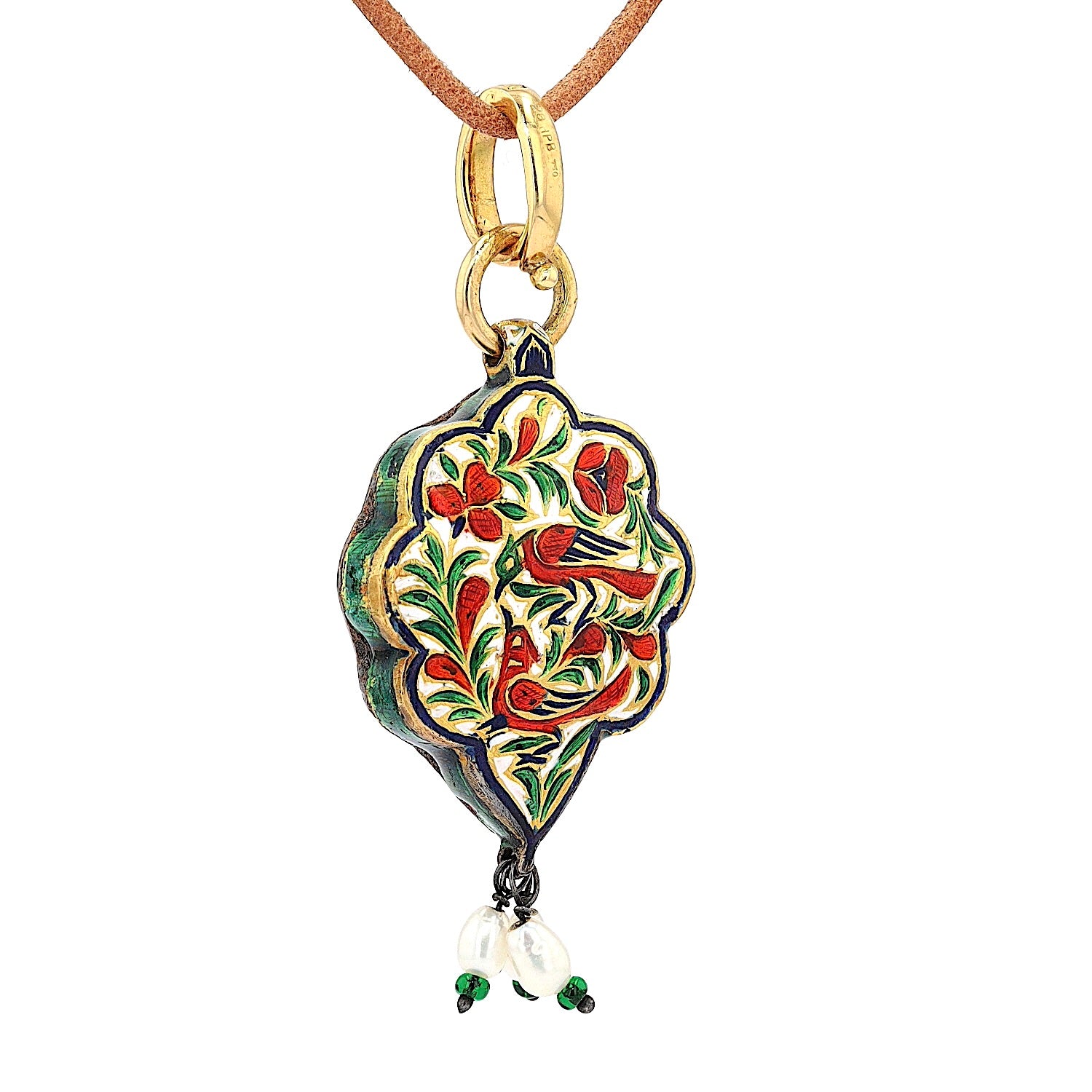 Mughal-style pendant in 20 ct / 750 yellow gold with diamonds and enamel, hanging turned right close-up