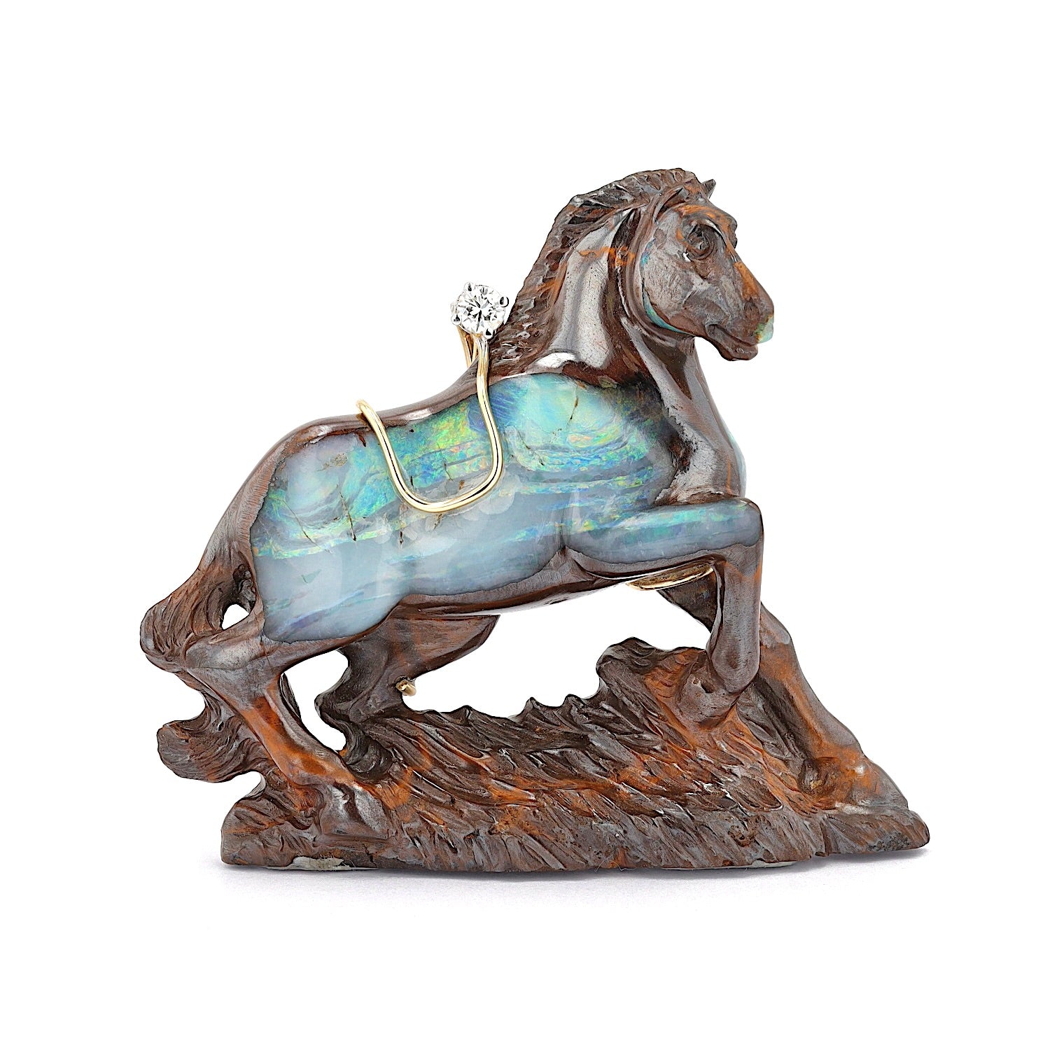 Pendant / brooch Horse made of boulder opal with a brilliants, standing frontal