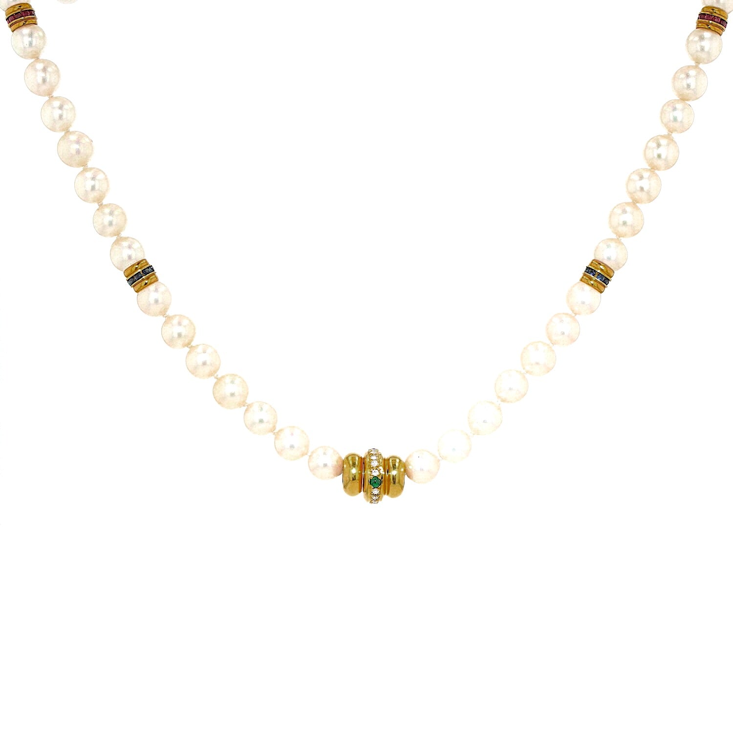 Akoya cultured pearl necklace, 750 gold with diamonds, rubies, emeralds, sapphires, hanging frontal