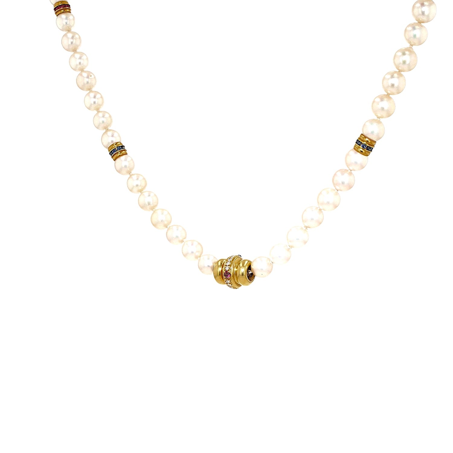 Akoya cultured pearl necklace, 750 gold with diamonds, rubies, emeralds, sapphires, hanging left twisted