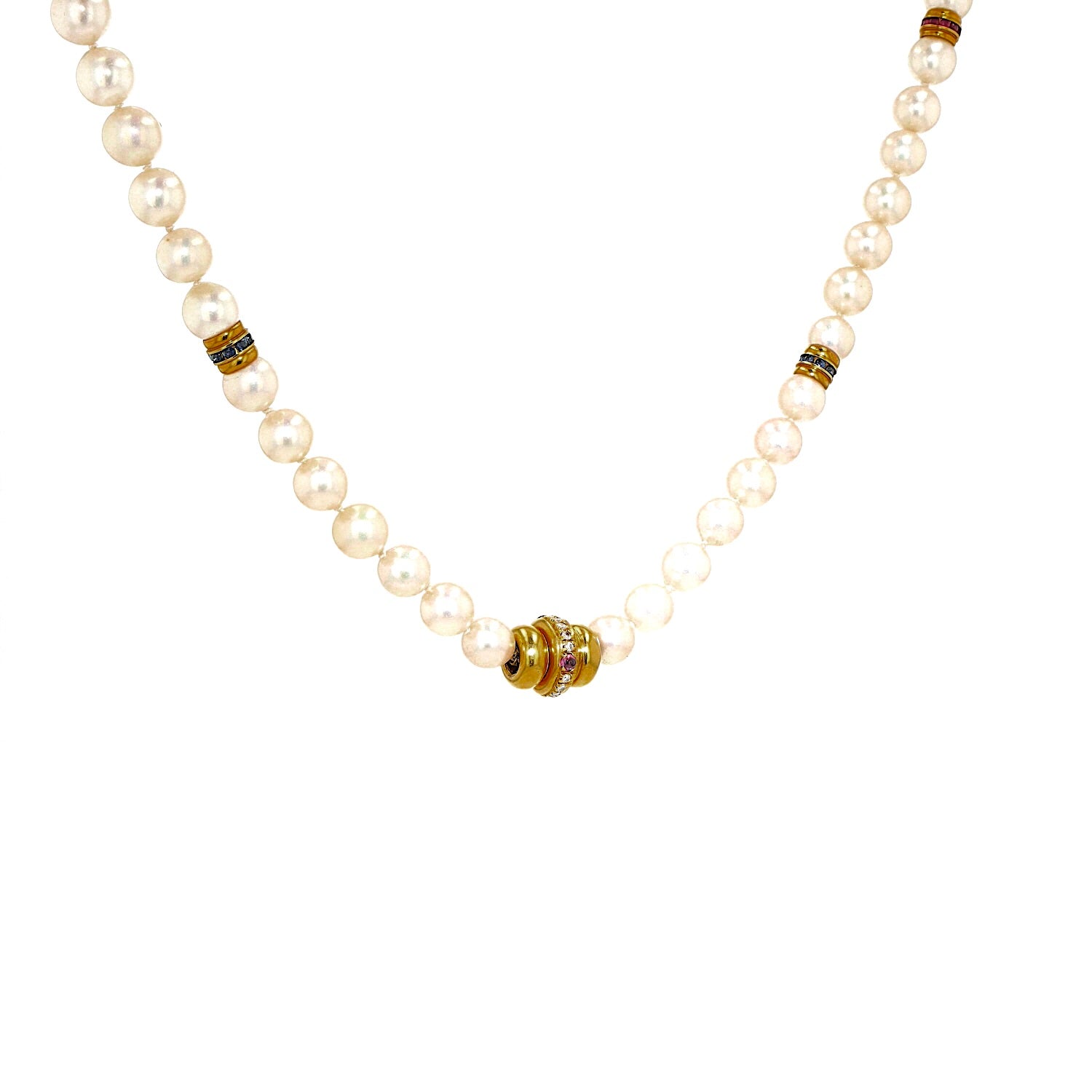 Akoya cultured pearl necklace, 750 gold with diamonds, rubies, emeralds, sapphires, hanging right twisted