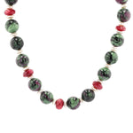 Gemstone necklace made of anyolite, Ruby and cultured pearl, hanging frontal