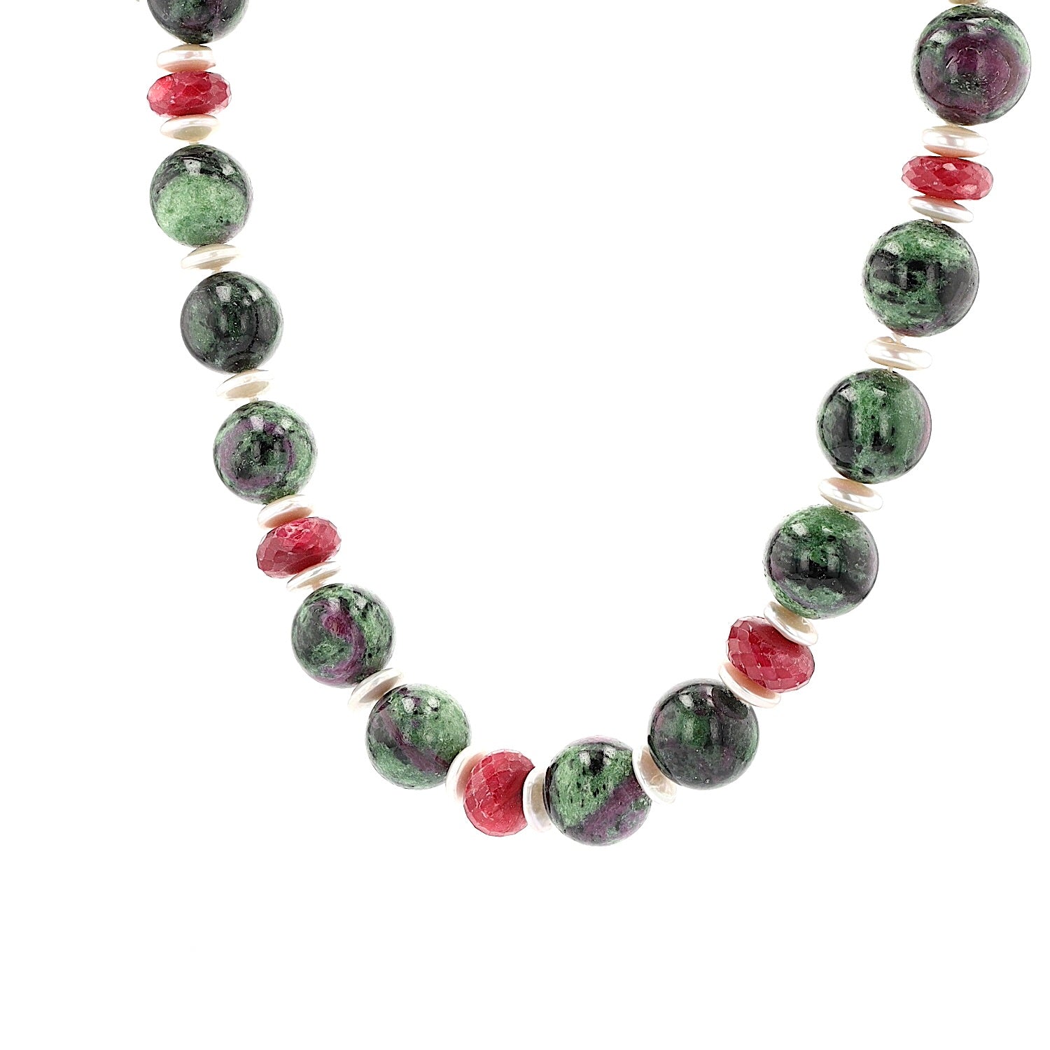 Gemstone necklace made of anyolite, Ruby and cultured pearl, hanging left twisted