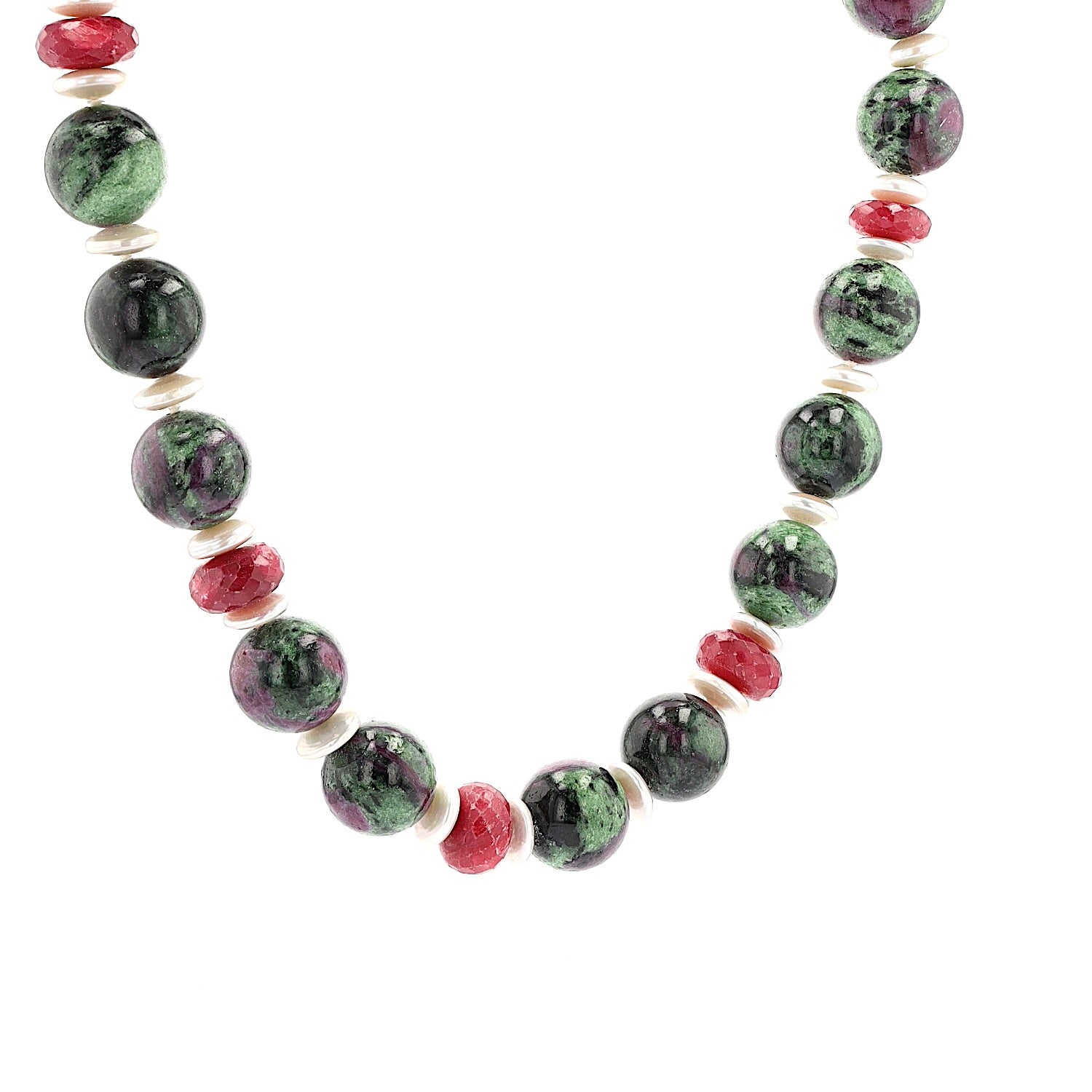 Gemstone necklace made of anyolite, Ruby and cultured pearl, hanging right twisted