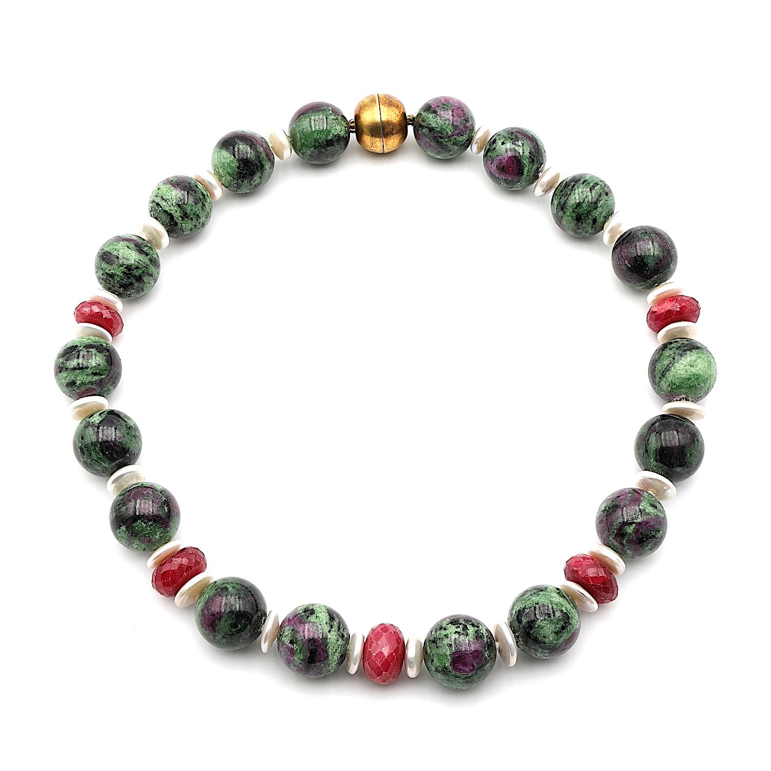 Gemstone necklace made of anyolite, Ruby and cultured pearl, horizontal Top view