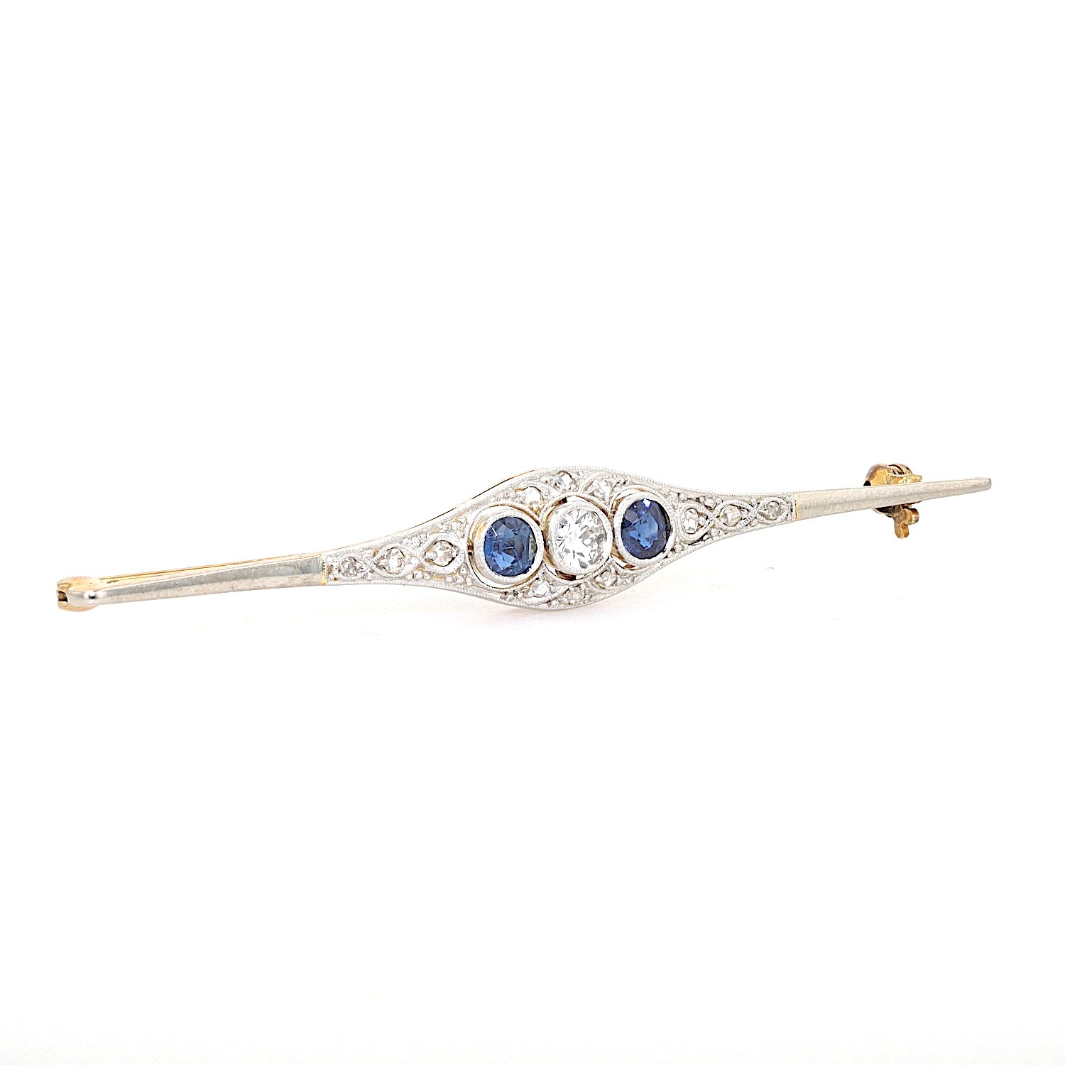 Art Déco brooch in 585 gold and platinum with diamonds and sapphires, turned horizontally to the right