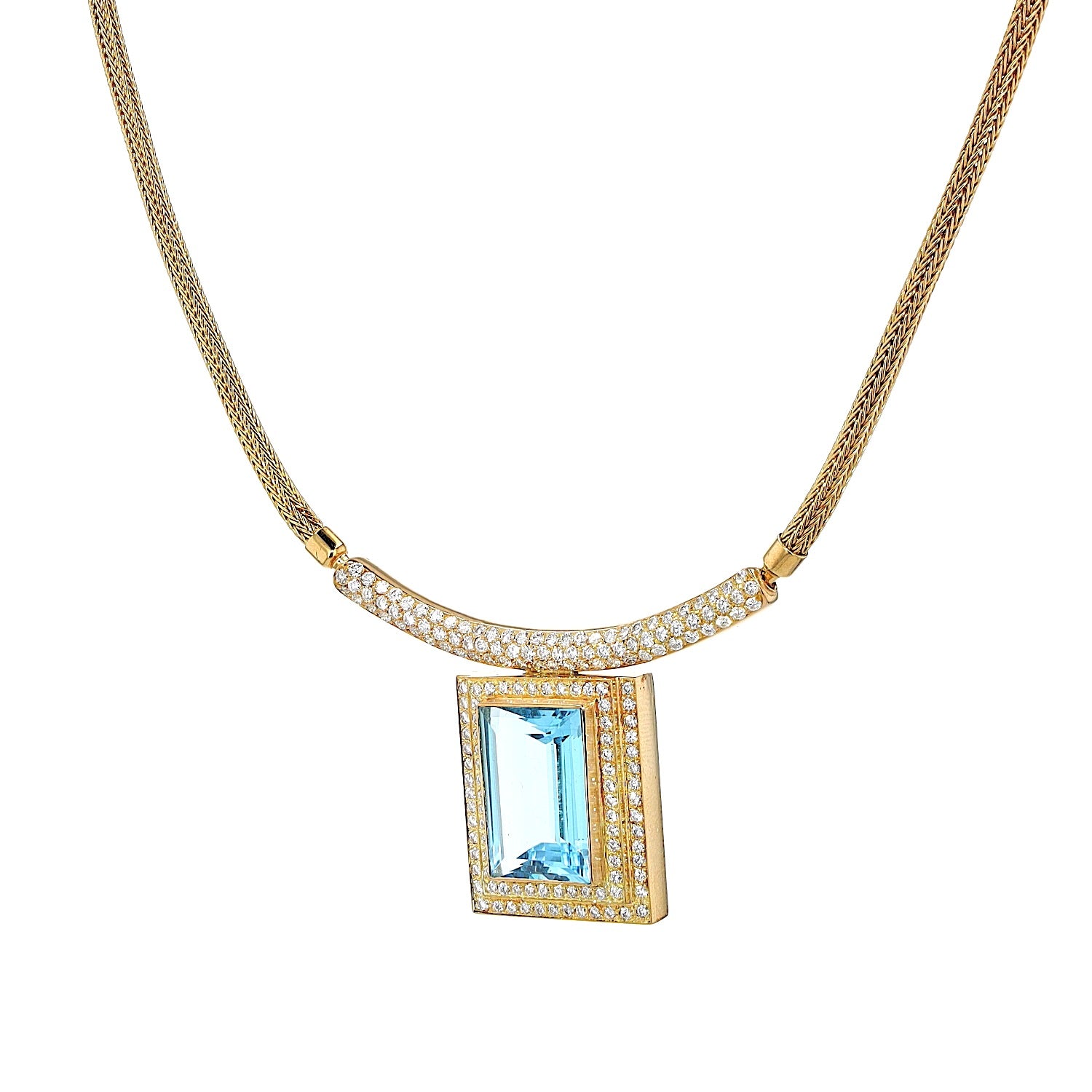 Necklace in 750 yellow gold with a blue precious topaz and brilliants, hanging twisted to the left