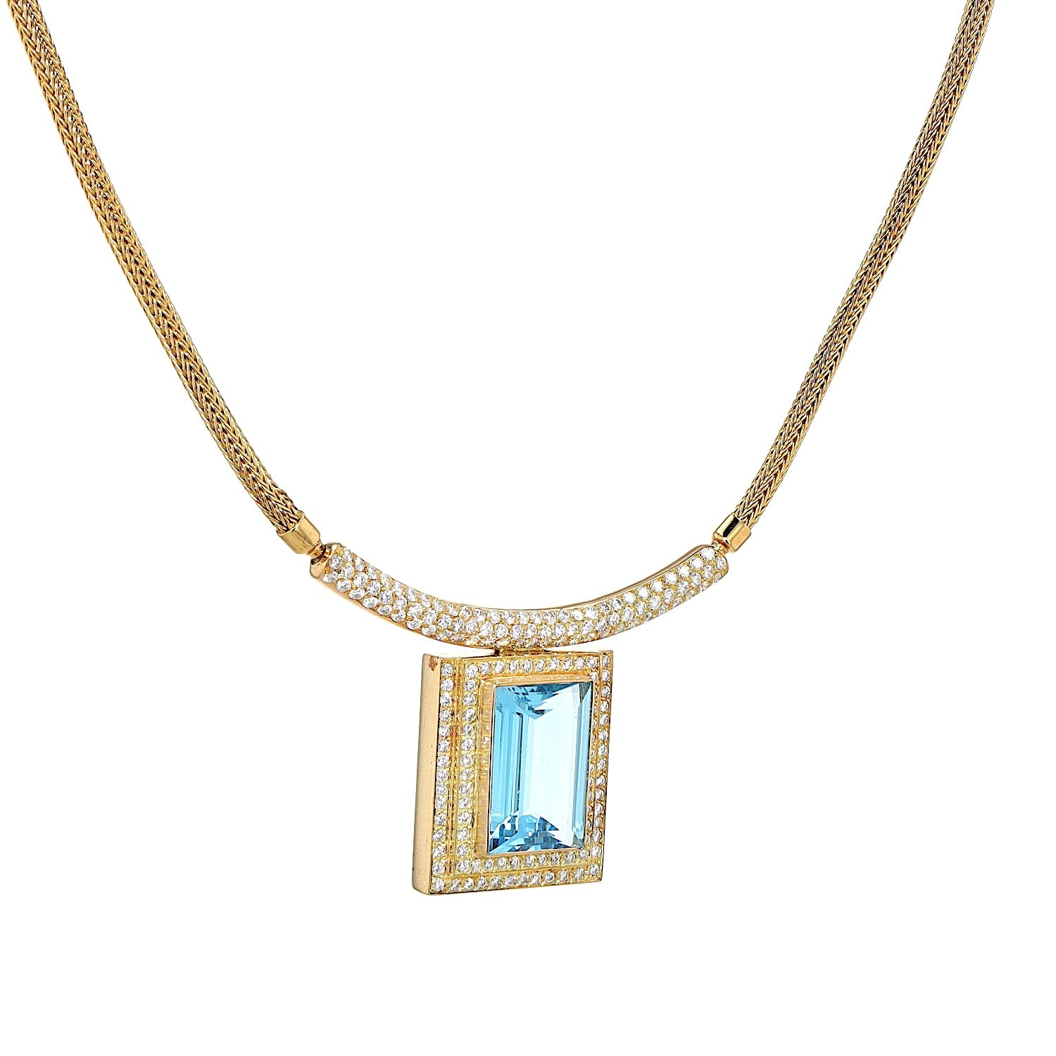 Necklace in 750 yellow gold with a blue precious topaz and brilliants, hanging, twisted to the right