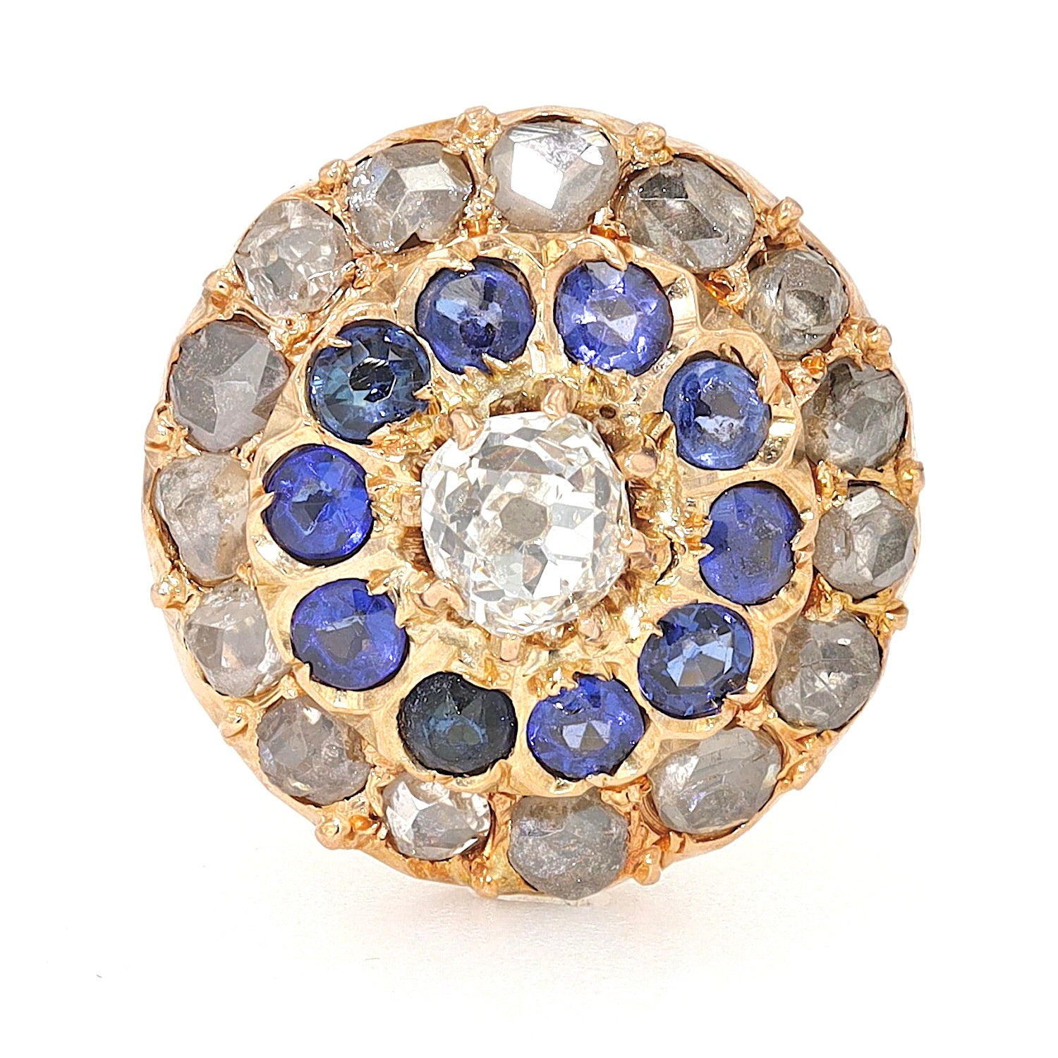 Victorian stud earrings in 750 rose gold with diamonds and sapphires, individually lying frontally