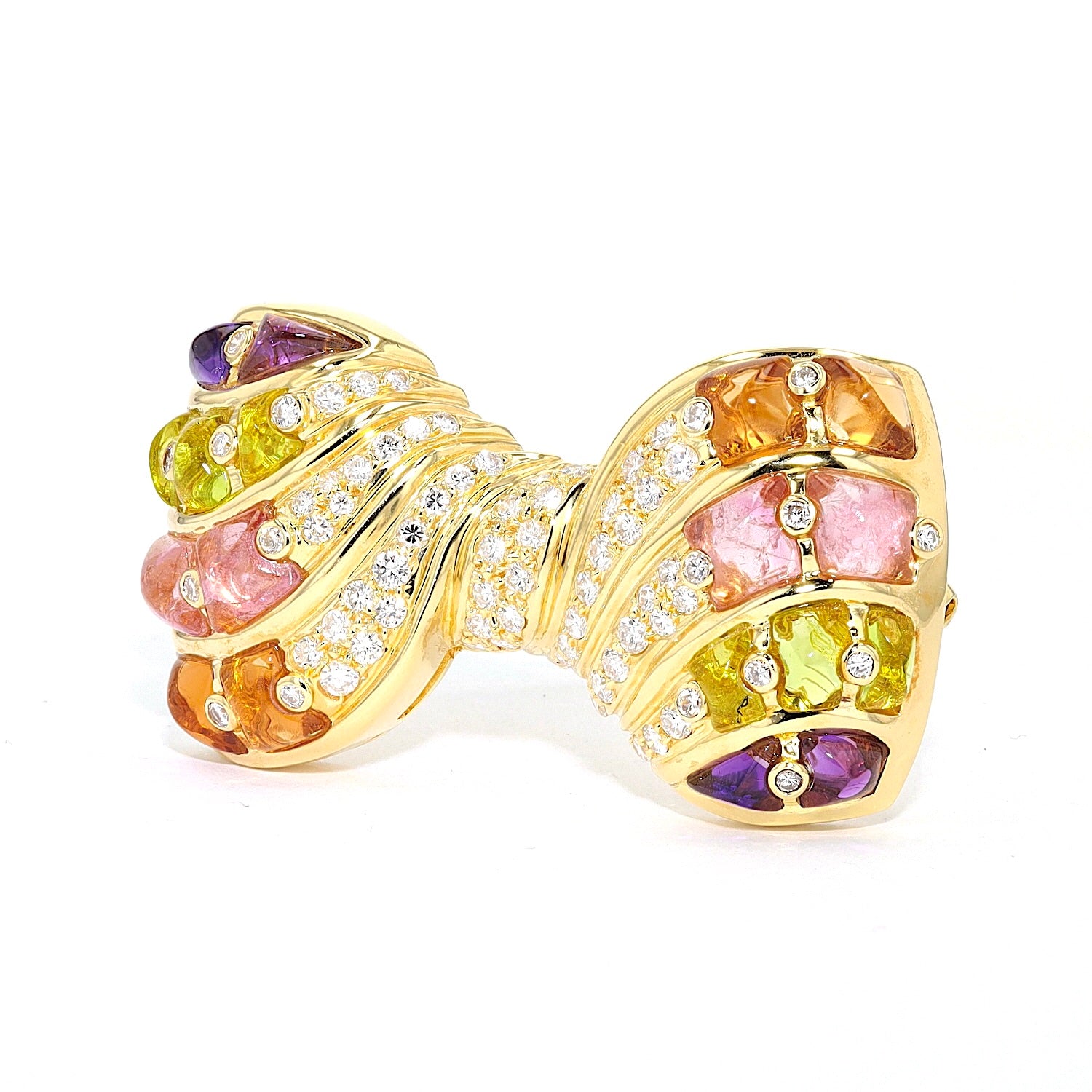 Brooch in 750 yellow gold with brilliants, amethysts, citrines, tourmalines and glass, standing inks turned