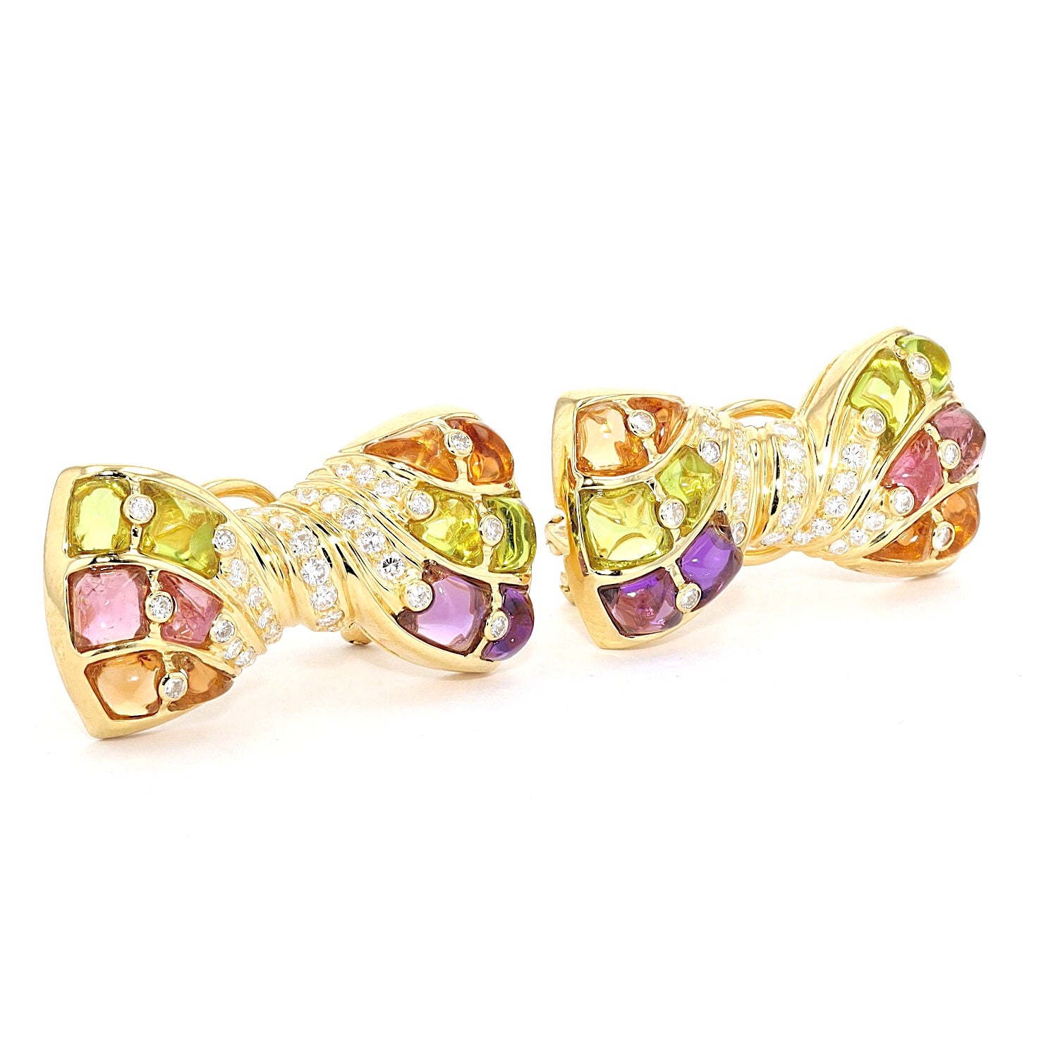 1 pair of stud earrings in 750 yellow gold with brilliants, amethysts, citrines, tourmalines, green glass, turned horizontally to the right