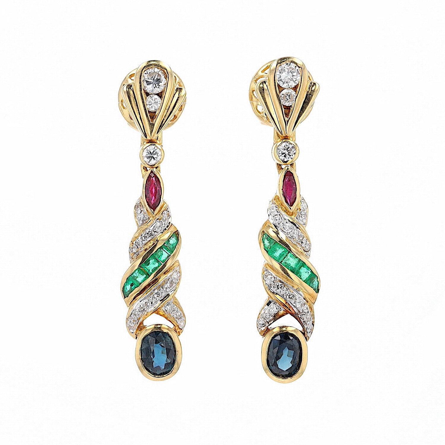 1 pair of earrings in 750 yellow gold with brilliants, rubies, sapphires and emeralds, hanging frontally