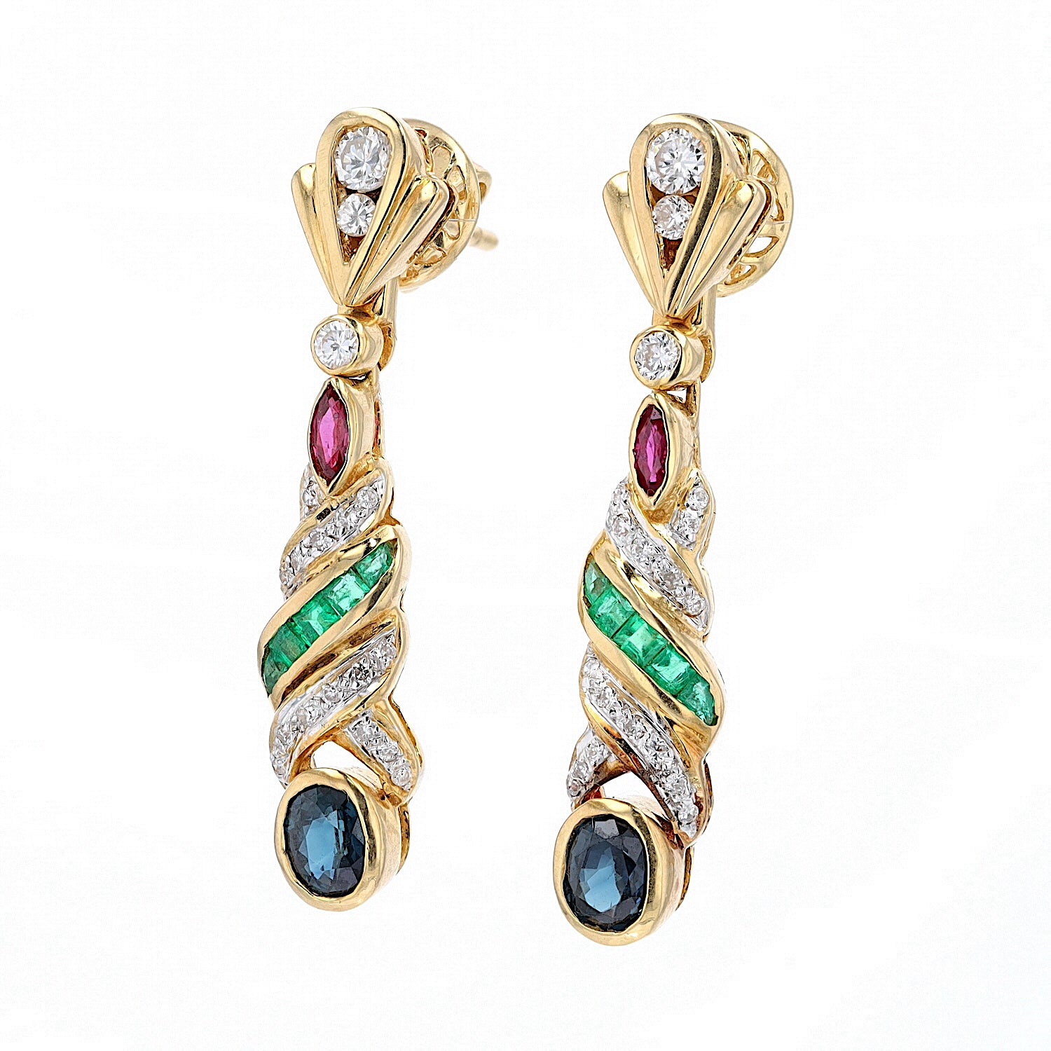 1 pair of earrings in 750 yellow gold with brilliants, rubies, sapphires and emeralds, hanging, twisted left