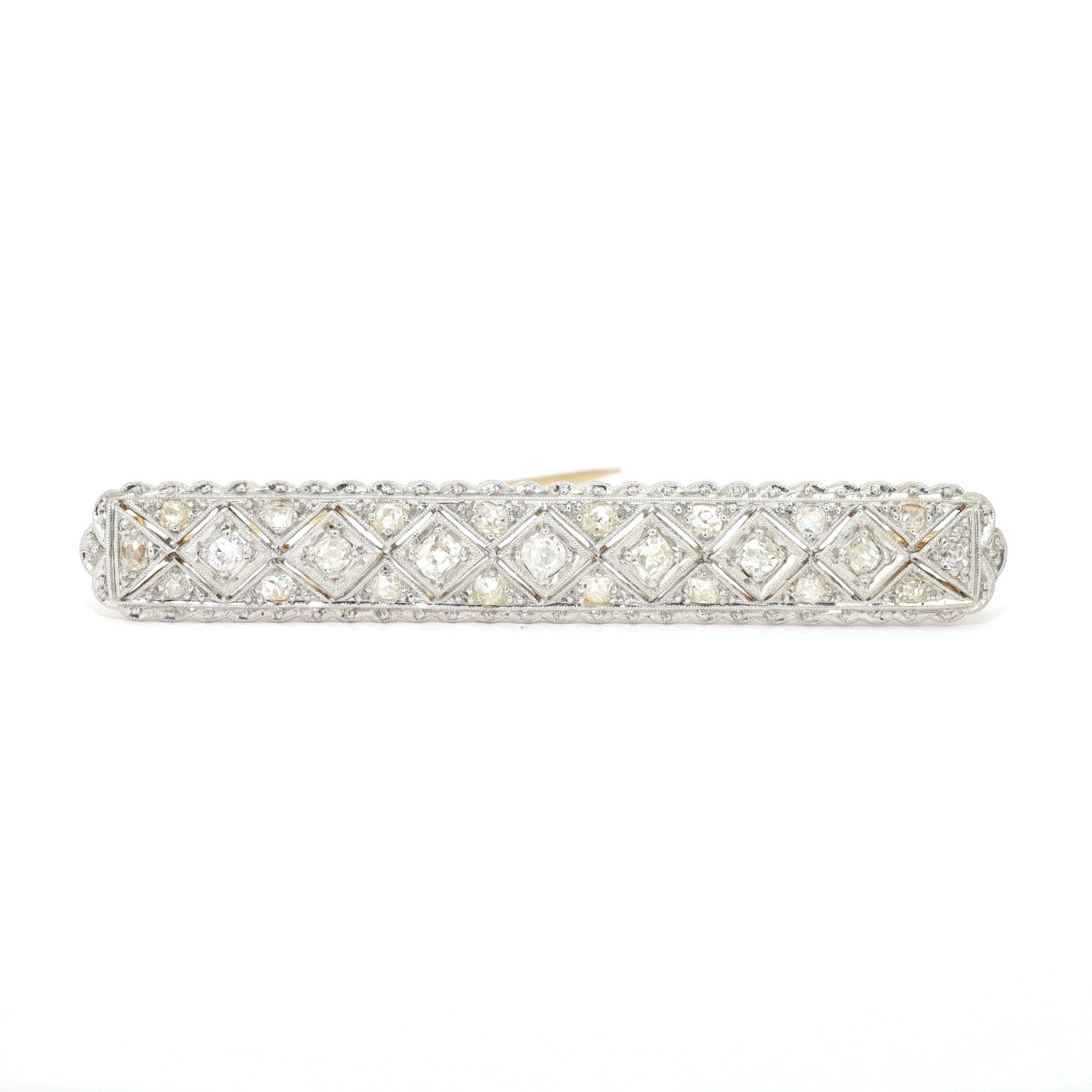 Art Deco bar brooch in 585 yellow gold, platinum-plated with diamonds, standing frontal