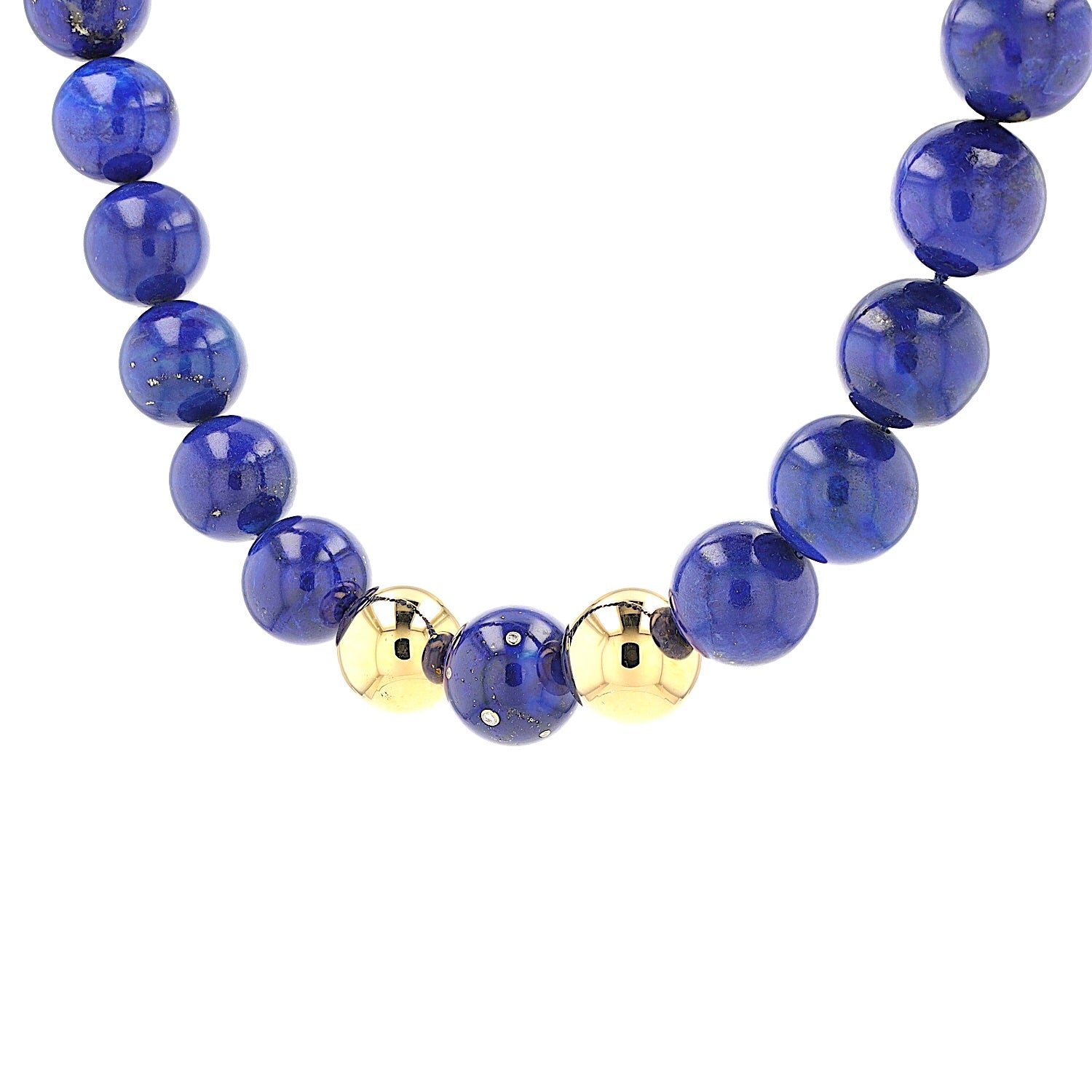 Necklace with large lapis lazuli beads, brilliants and 750 gold, hanging twisted to the left