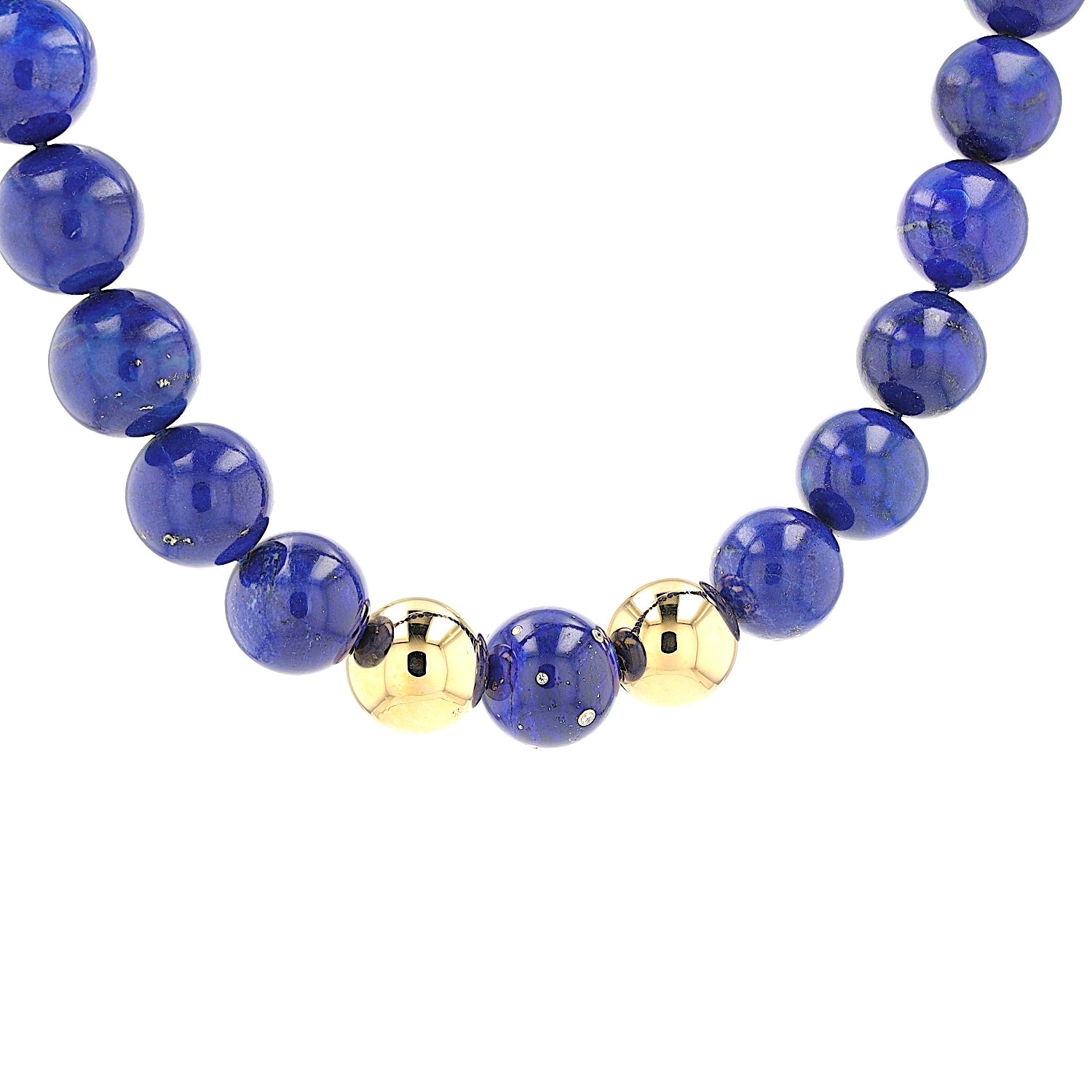 Necklace with large lapis lazuli beads, brilliants and 750 gold, hanging turned to the right