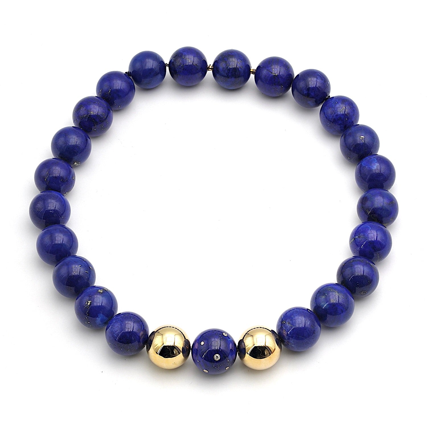 Necklace with large lapis lazuli beads, brilliants and 750 gold, horizontal top view