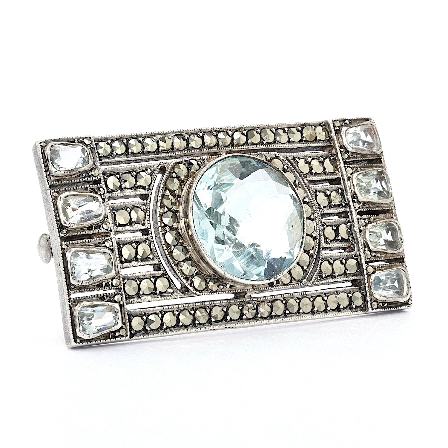 Art Deco brooch made of 925 silver with aquamarines and marcasites, turned lying on the right