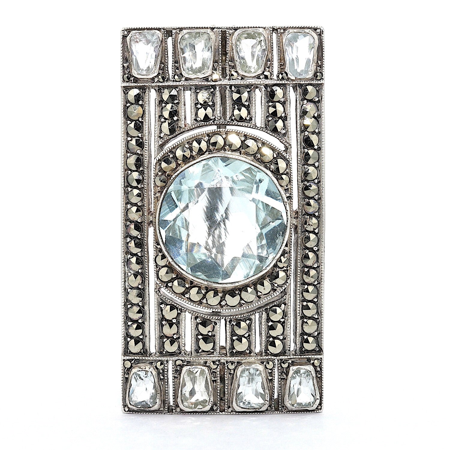 Art Deco brooch in 925 silver with aquamarines and marcasites, standing frontal