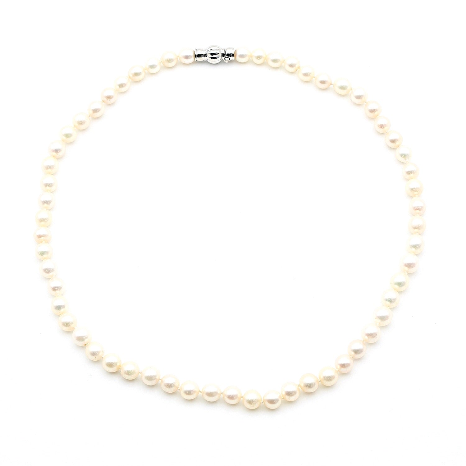 Necklace with Akoya cultured pearls and lock in 585 white gold, horizontal top view