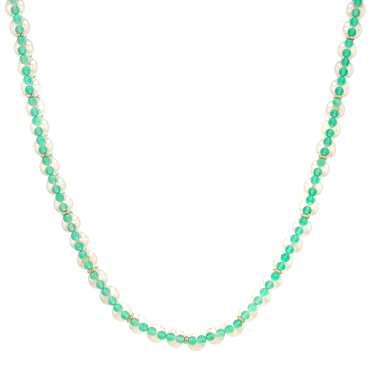 Long cultured pearl necklace with chrysoprase and 585 yellow gold beads, hanging frontally