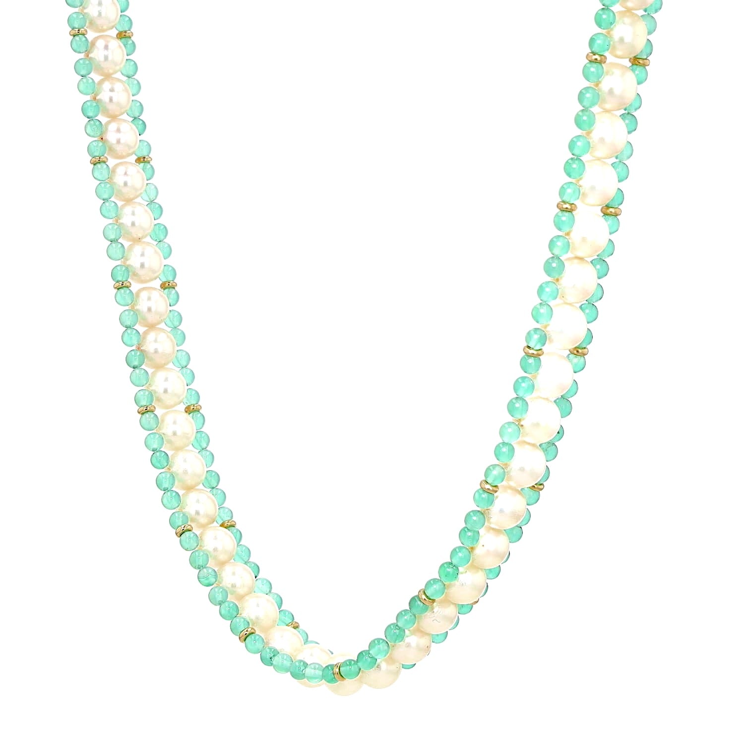 Long cultured pearl necklace with chrysoprase and 585 yellow gold beads, hanging twisted to the left