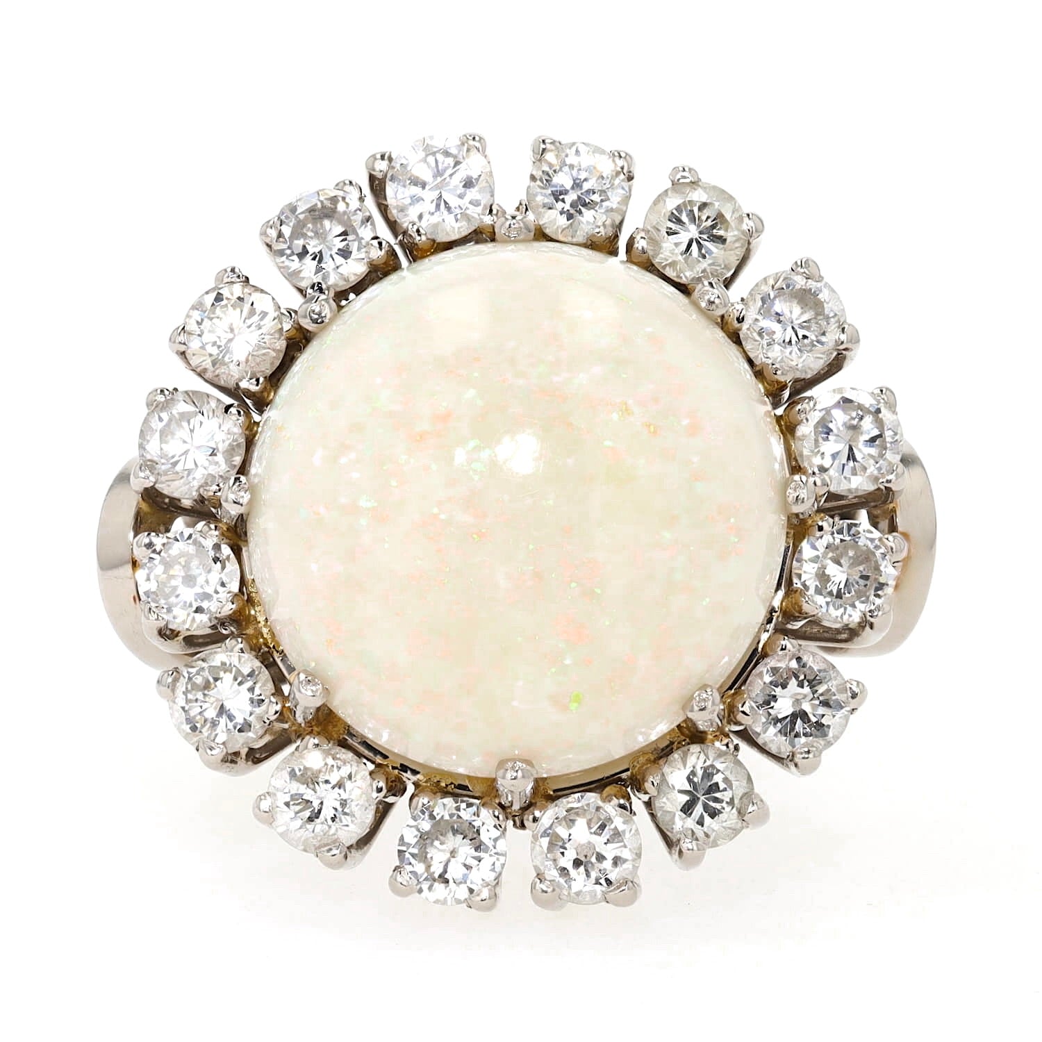 Cocktail ring in 585 white gold with a large opal cabochon and approx. 1.28 ct brilliants, lying frontally