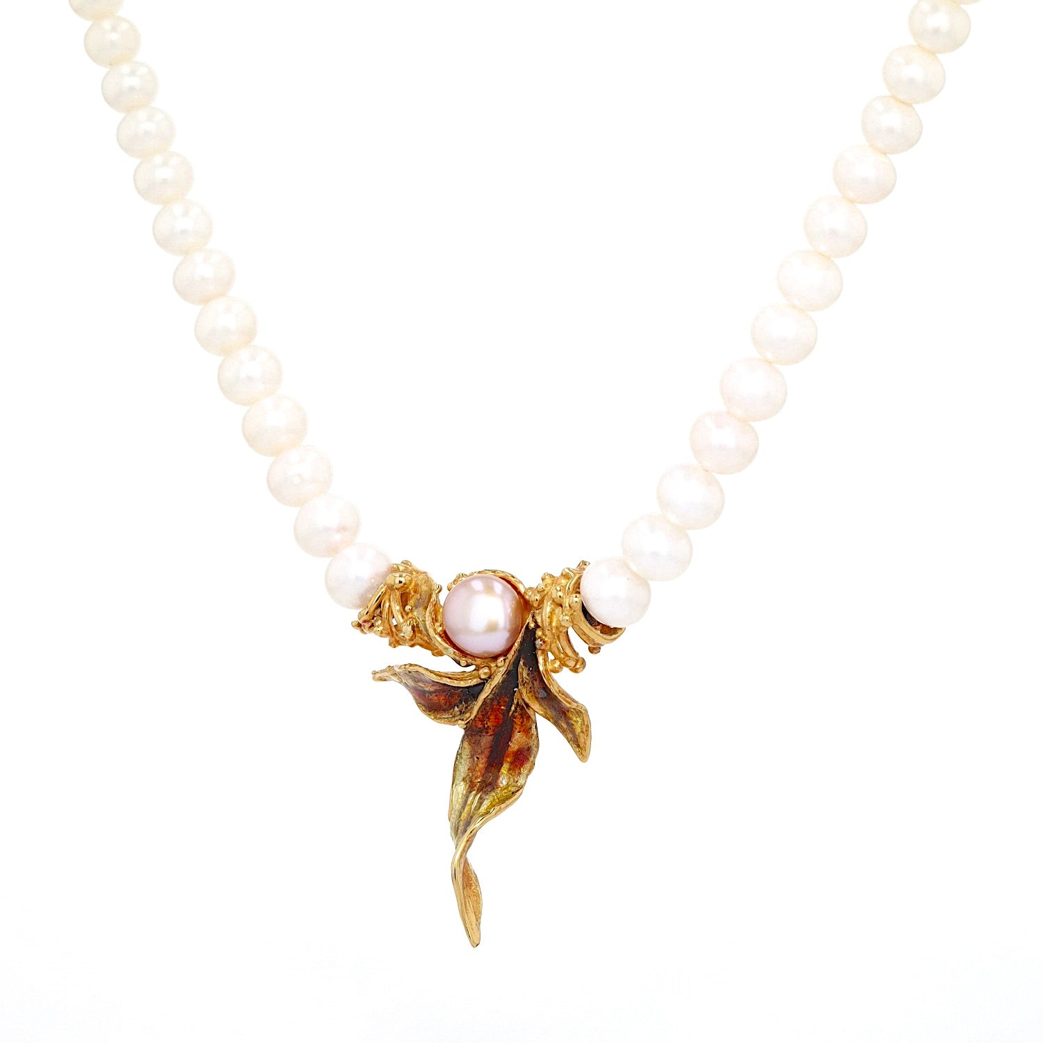 Ehinger Schwarz cultured pearl necklace with 750 gold and enamel, hanging, twisted left