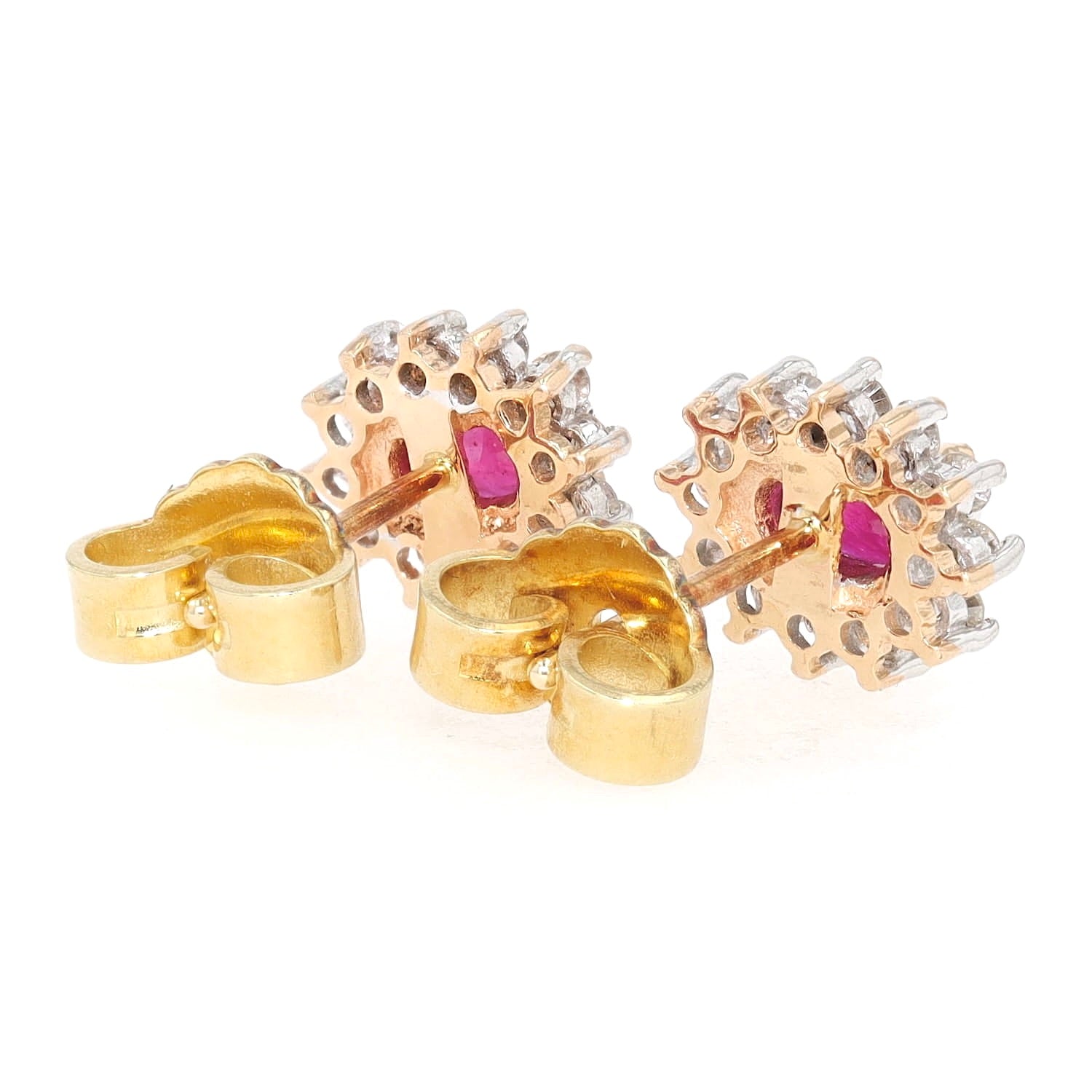 1 pair of stud earrings in 585 bicolor gold with brilliants and rubies, horizontal back