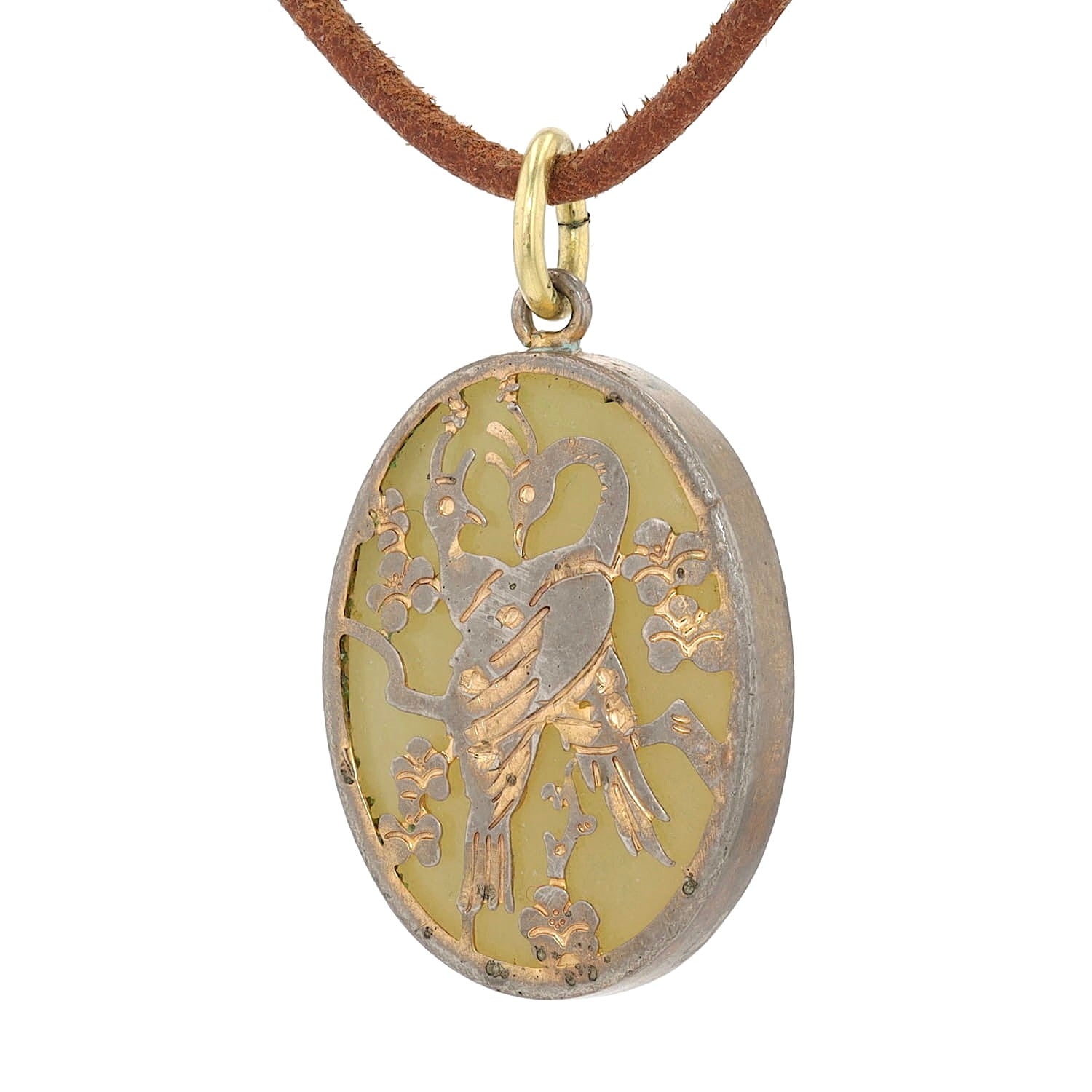 Nephrite pendant with a Japanese metal ornament, gold-plated, hanging, turned to the left