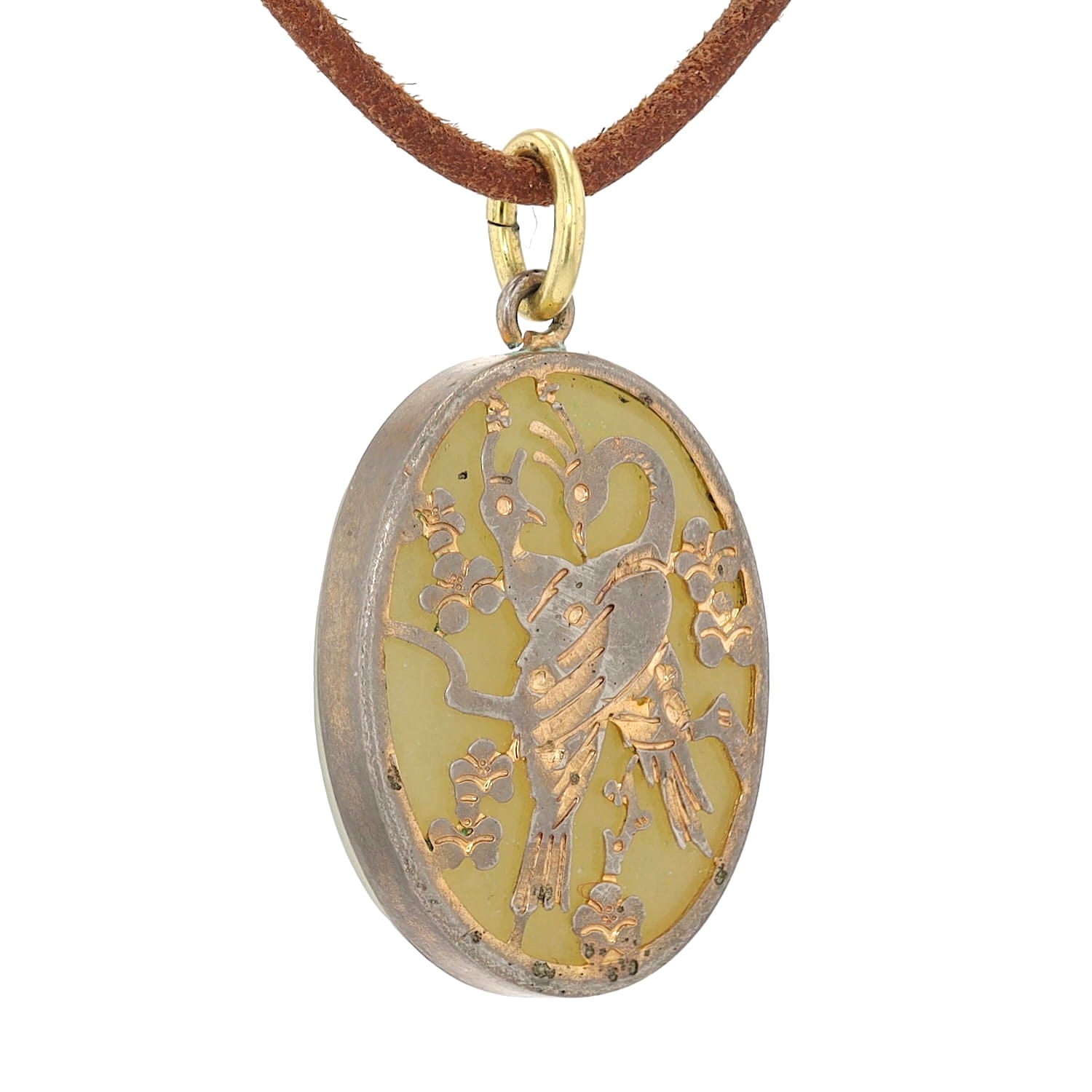 Nephrite pendant with a Japanese metal ornament, gold-plated, hanging, turned to the right