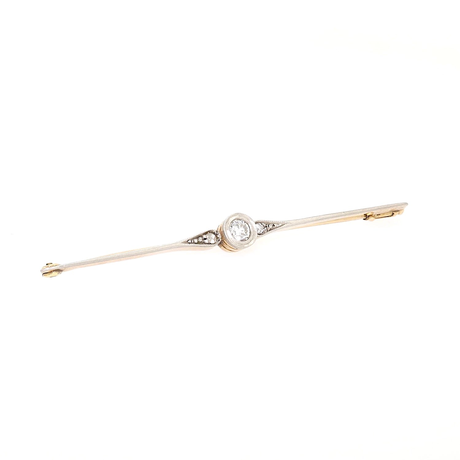 Edwardian brooch in 9 ct yellow gold, platinum-plated with diamonds, turned horizontally to the right