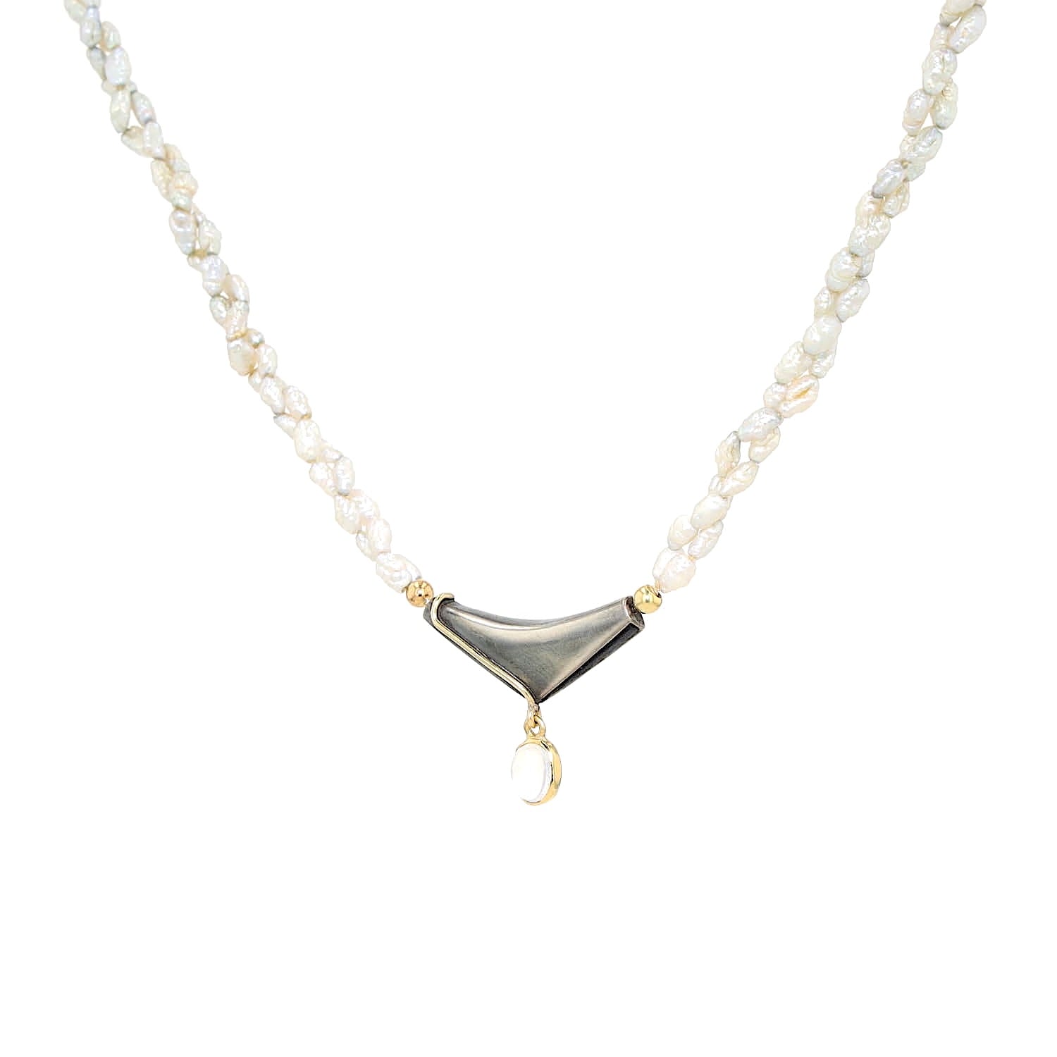 River pearl necklace with a lock made of 925 silver and 750 yellow gold and a pendant with a moonstone , , hanging twisted to the left